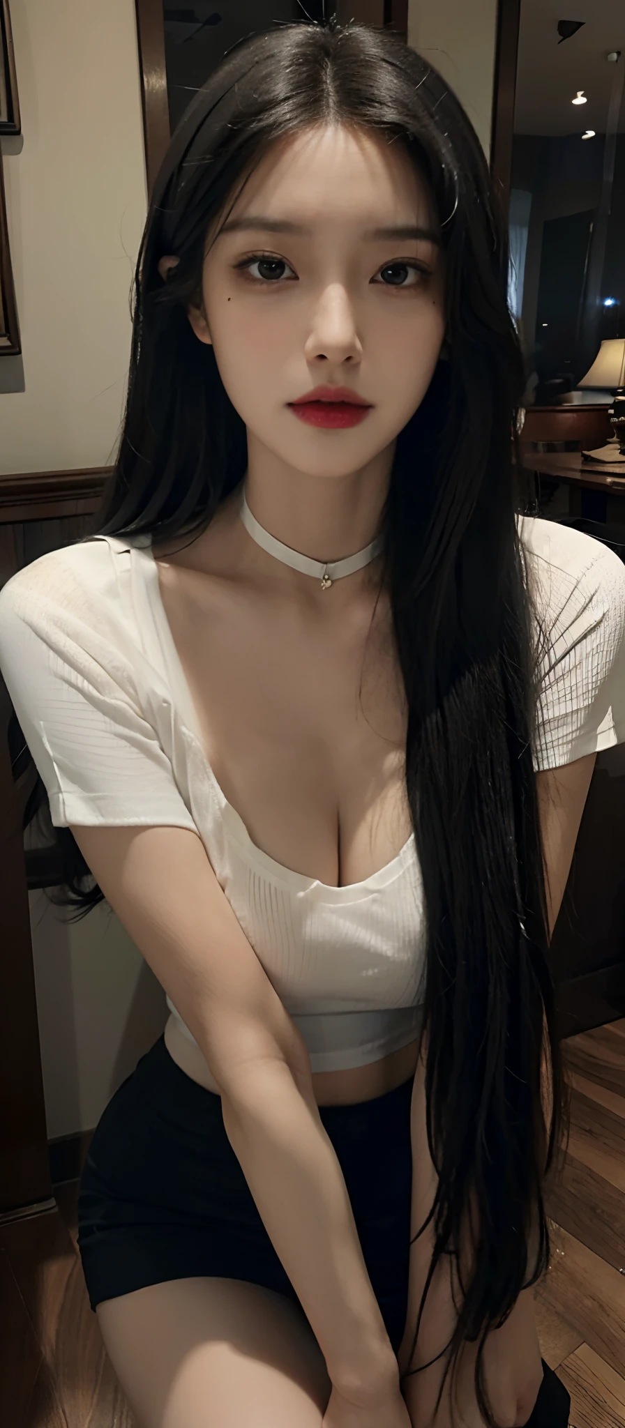 The Masterpiece、best qualiy、Raw photo、photorealestic、big boob、face lights、shinny skin、high - resolution、super-detail、shinny skin、Black choker、blackhair、slong hair、White off-shoulder shirt、Less exposure