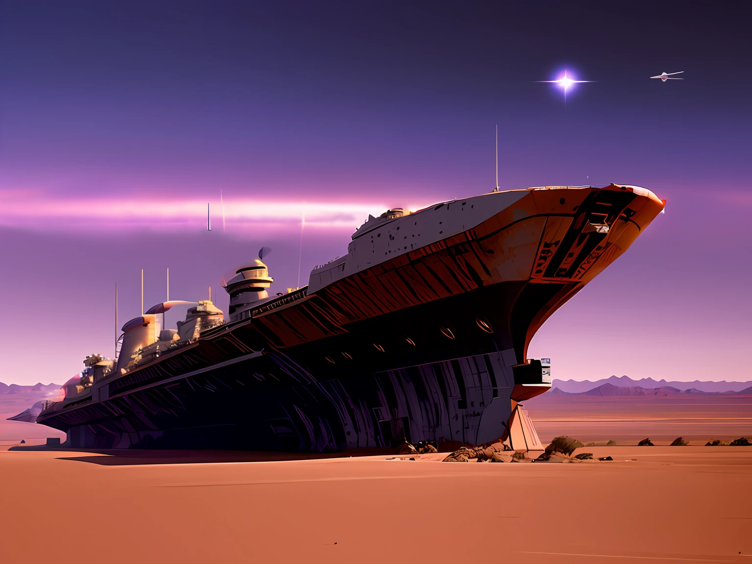 Broken battleship,There is a messy pipeline structure inside,There is a faint flash of blue light