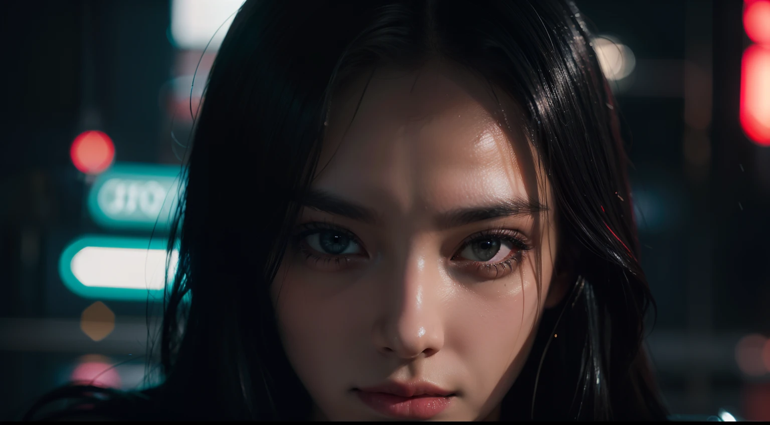 thoughhtful woman in a rainy night, city lights, cyberpunk vibes, close up, neon noir, ultra detailed, photorealistic, cinematic.