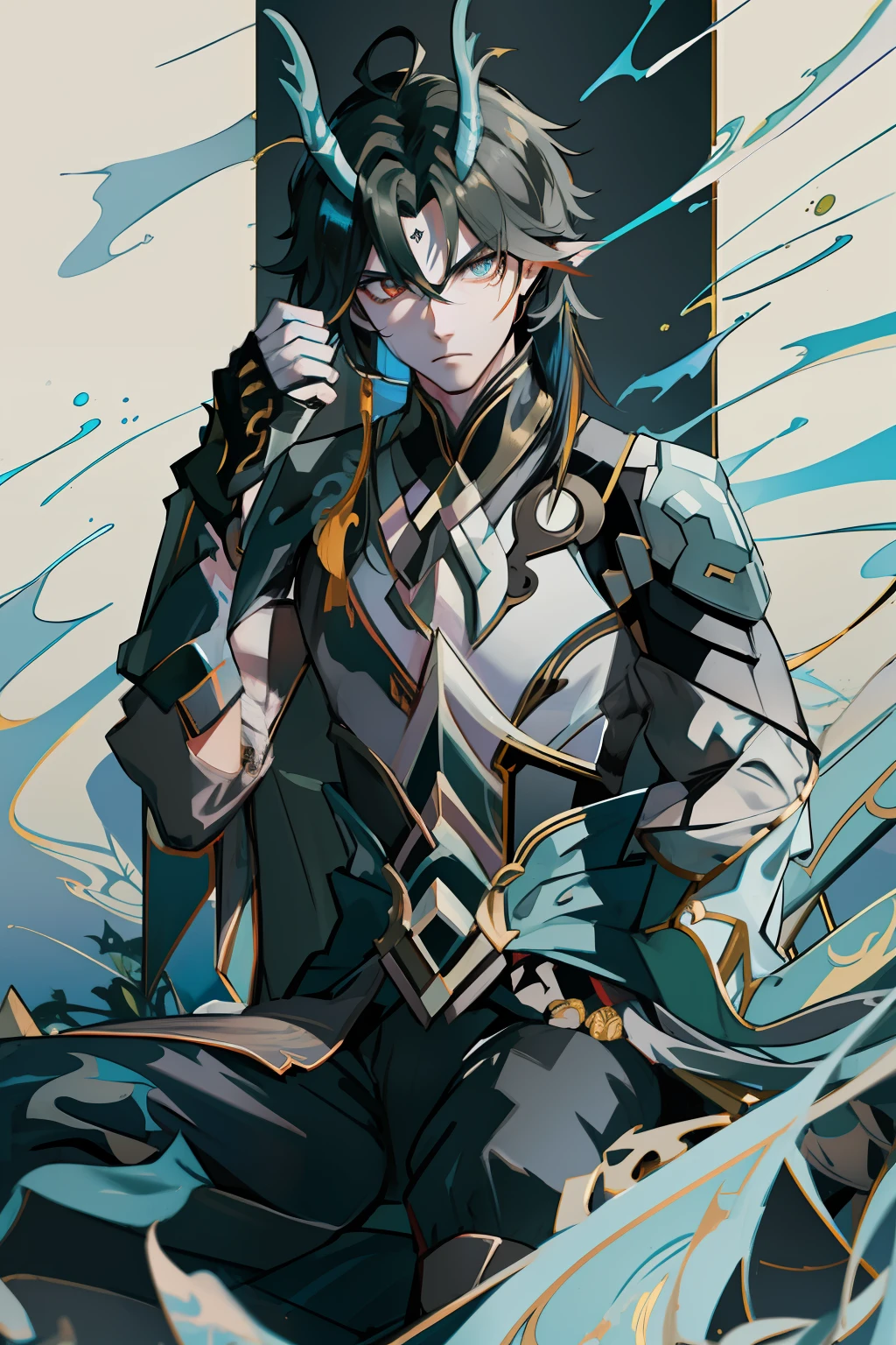 （absurderes，A high resolution，Hyper-detailing，hdr），Dragon's horn，younge boy，tmasterpiece，best qualtiy，1人，独奏，Handsome，Golden eyes，Fine eyes and detailed face，toppless，Tattooed with，arma，seated on a throne，Indifferent and arrogant，Abs，chest muscle，Raised sexy，Ruffian，Show your temperament，Male，masculine appeal，Male characteristics are distinct，Long messy hair，Arrogant，self-assured，Sitting majestically on the throne，Legs crossed，white pantie，supreme，Lazy，Handsome，