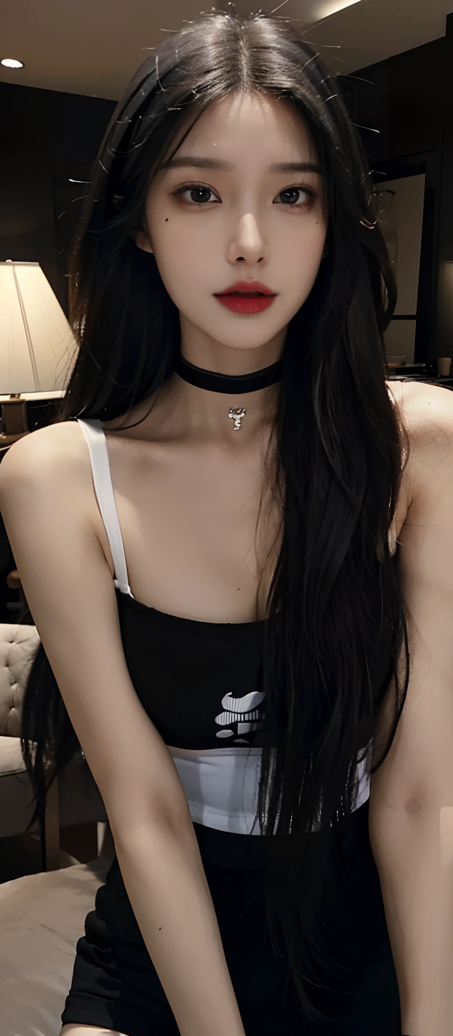 (realistic, high resolution:1.3), (face close up), 1 girl with perfect figure, super fine face and eyes, black hair, long hair, tight t-shirt, short skirt, inside house, (big breasts), choker,