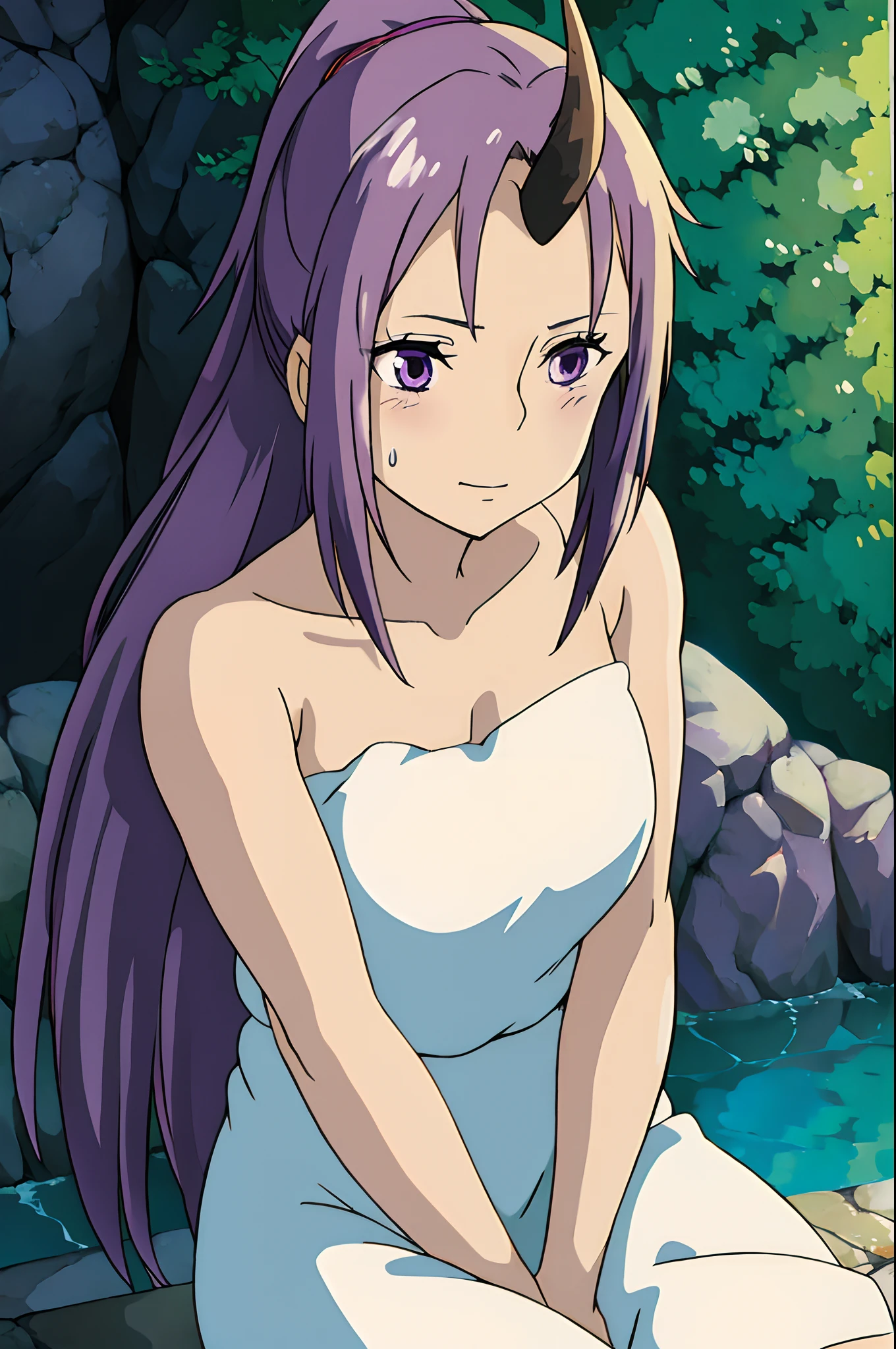 ghibli style, 1girl, pixel-shion, purple hair, purple eyes, beautiful, goddess beauty, hot, long hair, hair down, upper body, cowboy shot, solo, hot spring, water, towel, transparent, wet, , sweating, blush, sitting, looking at viewer, ((masterpiece)), ((high detailed illustration)), ((detailed background)), ((realistic light)), ((best quality)), ((beautiful lighting))