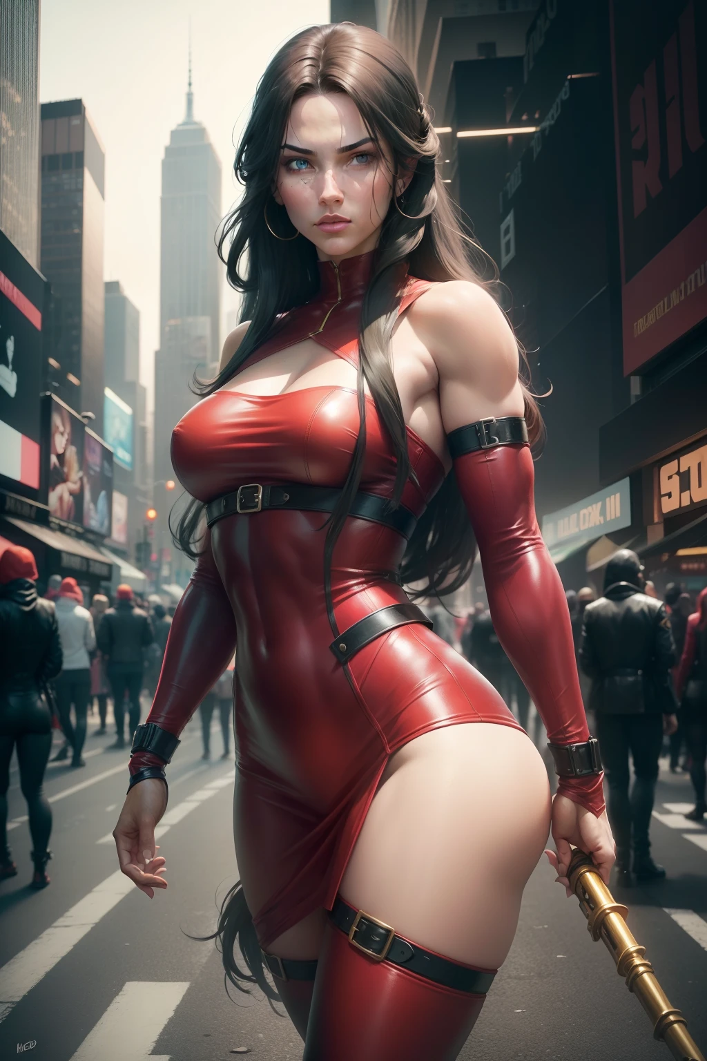 Beautiful young Caucasian woman with long hair Elektra is a lethal assassin and mercenary known for her martial arts skills and wielding a pair of sai. New York City, Time Square. Elektra's classic outfit usually consists of a dark red outfit, often consisting of a long-sleeved short top and dark red tights. She is also known for wearing bandages that wrap around her forearms and hands, as well as adopting accessories such as belts. spy and skilled manipulator. Standing out as a beautiful intriguing figure, she is a killer. Her determination, cunning and complex connections make her an intriguing and multifaceted figure. (best quality: 1.0), (Ultra Highres: 1.0), highly detailed face and eyes, (photorealistic: 1.2)