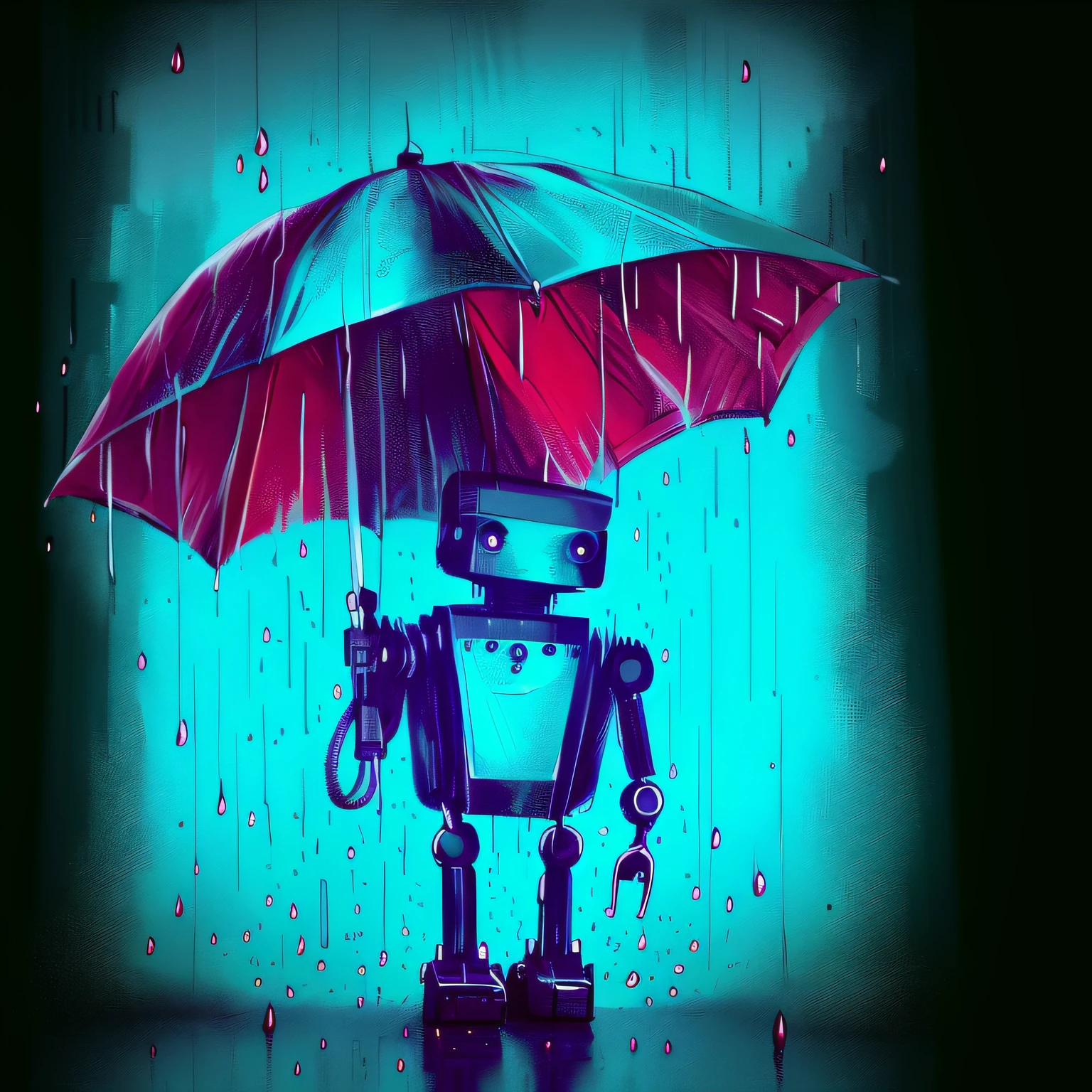 There is a robot holding an umbrella in the rain, under rain, In the rain, it is raining, rain!!!!, It's raining, very heavy rain, On a rainy day, It's raining outside, rainy days, raining mood, very heavy rain, Rainy weather, Standing in the rain, dirtyrobot, Made from rainwater, when it rains, rained