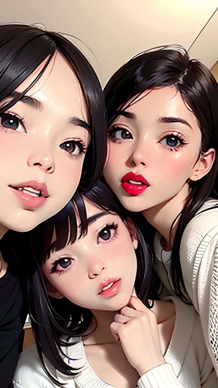 realisticlying,2 females,selfee,Looking Up,(Open your mouth wide),Face Real,sit on a bed,A sexy、cheeks a little red,lips a little red,thick lips