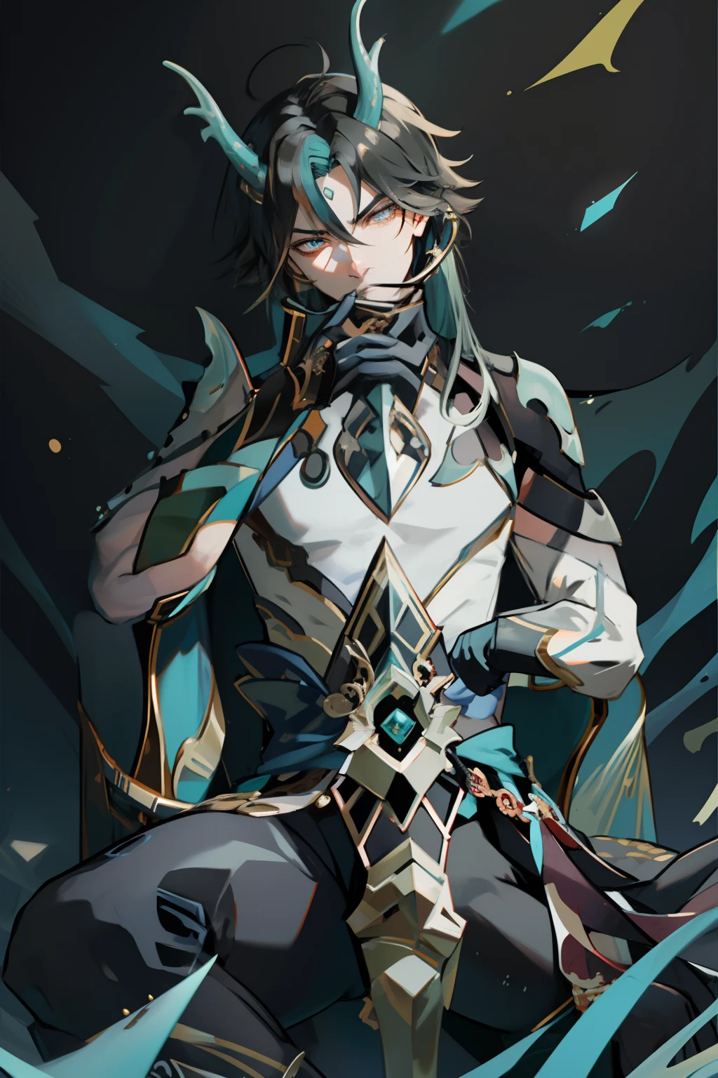 （absurderes，A high resolution，Hyper-detailing，hdr），Dragon's horn，younge boy，tmasterpiece，best qualtiy，1人，独奏，Handsome，Golden eyes，Fine eyes and detailed face，toppless，Tattooed with，arma，seated on a throne，Indifferent and arrogant，Abs，chest muscle，Raised sexy，Ruffian，Show your temperament，Male，masculine appeal，Male characteristics are distinct，Long messy hair，Arrogant，self-assured，Sitting majestically on the throne，Legs crossed，white pantie，supreme，Lazy，Handsome，
