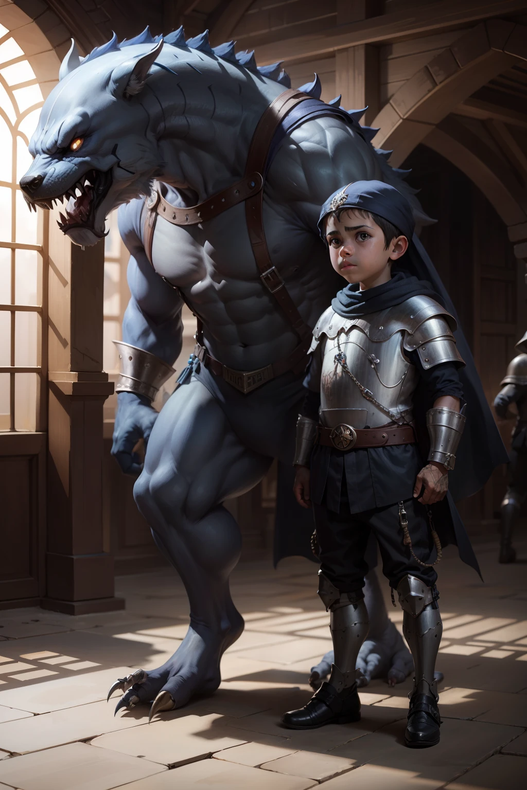 Démon Monster protecting little medieval Arabian kid hyper realistic super detailed