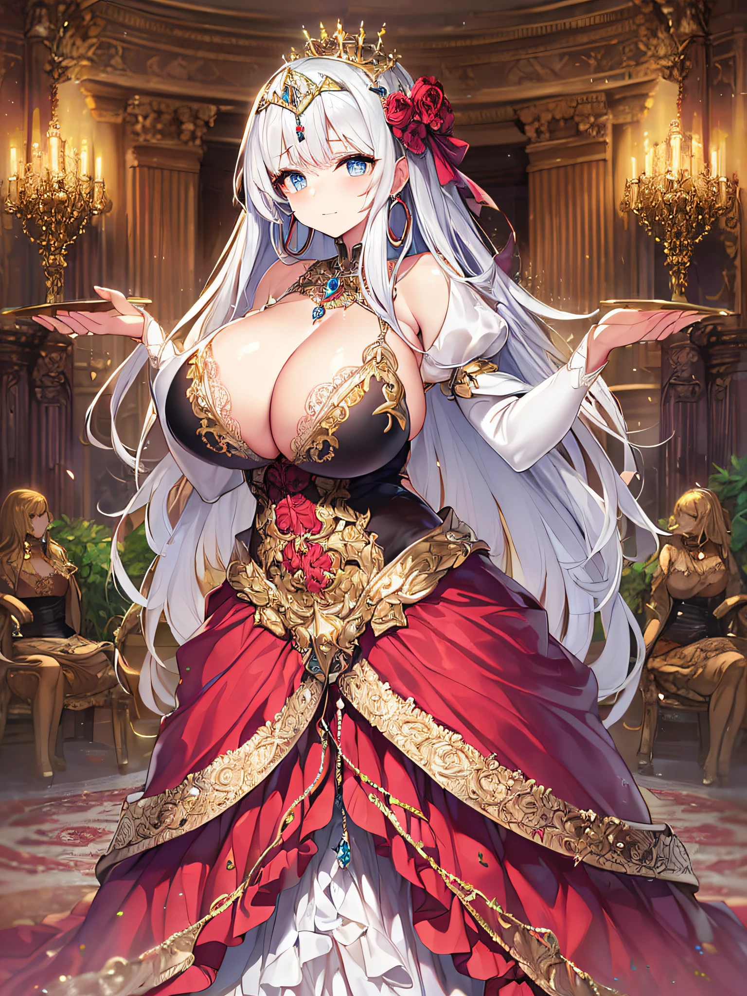 ((anime artstyle)),(Masterpiece),(Best Quality), (Super Detail),((Very Delicate and Beautiful)),(((Solo))),((full body)),(((1 princess in baroque dress with voluminous full length hoop skirt))),crinoline,((standing in baroque dance hall)),Long train,(gorgeous gemstone jewelry),detailed face and eyes,jewel-like eyes,((large amount of straight hair,extremely voluminous Very Long Straight Hair)),(((gorgeousfull embroidery and lace))),(((gigantic tits,Long tits))),cleavage,gorgeous corsage,See-through,extremely gorgeousfull hair ornament,((bling-bling extremely gorgeousfull jeweled tiara)),ornate ruffles,beautiful embroidery,((Dynamic Angle)),Looking at viewer,(((baroque dress with voluminous full length hoop skirt)))