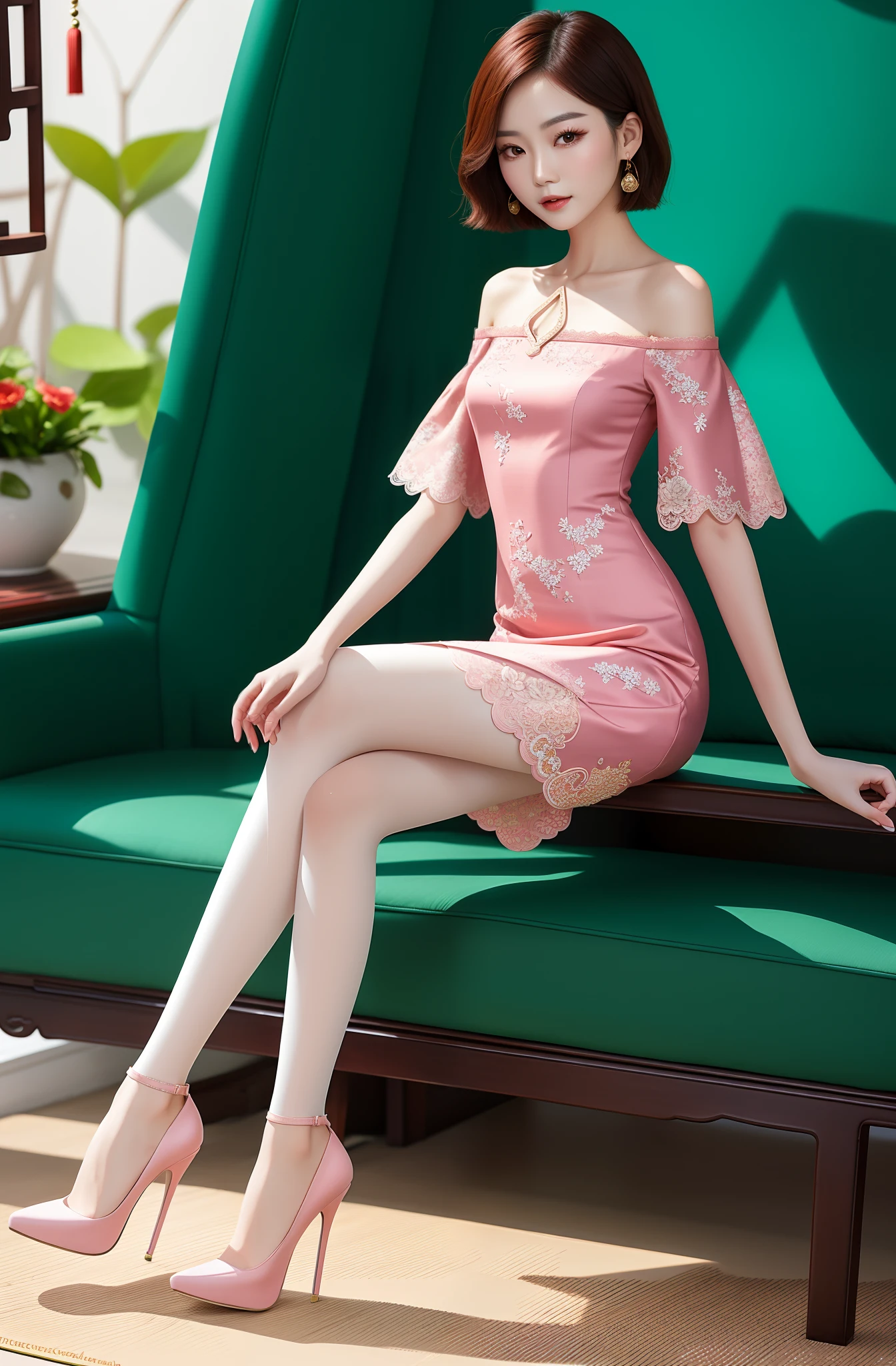 Beautiful Chinese woman sitting, Wear a flesh-colored skinny lace dress,Off-the-shoulder attire,low chest,very beautiful long slim legs, short detailed hair,Pink high heels,legs visible,lacepantyhose