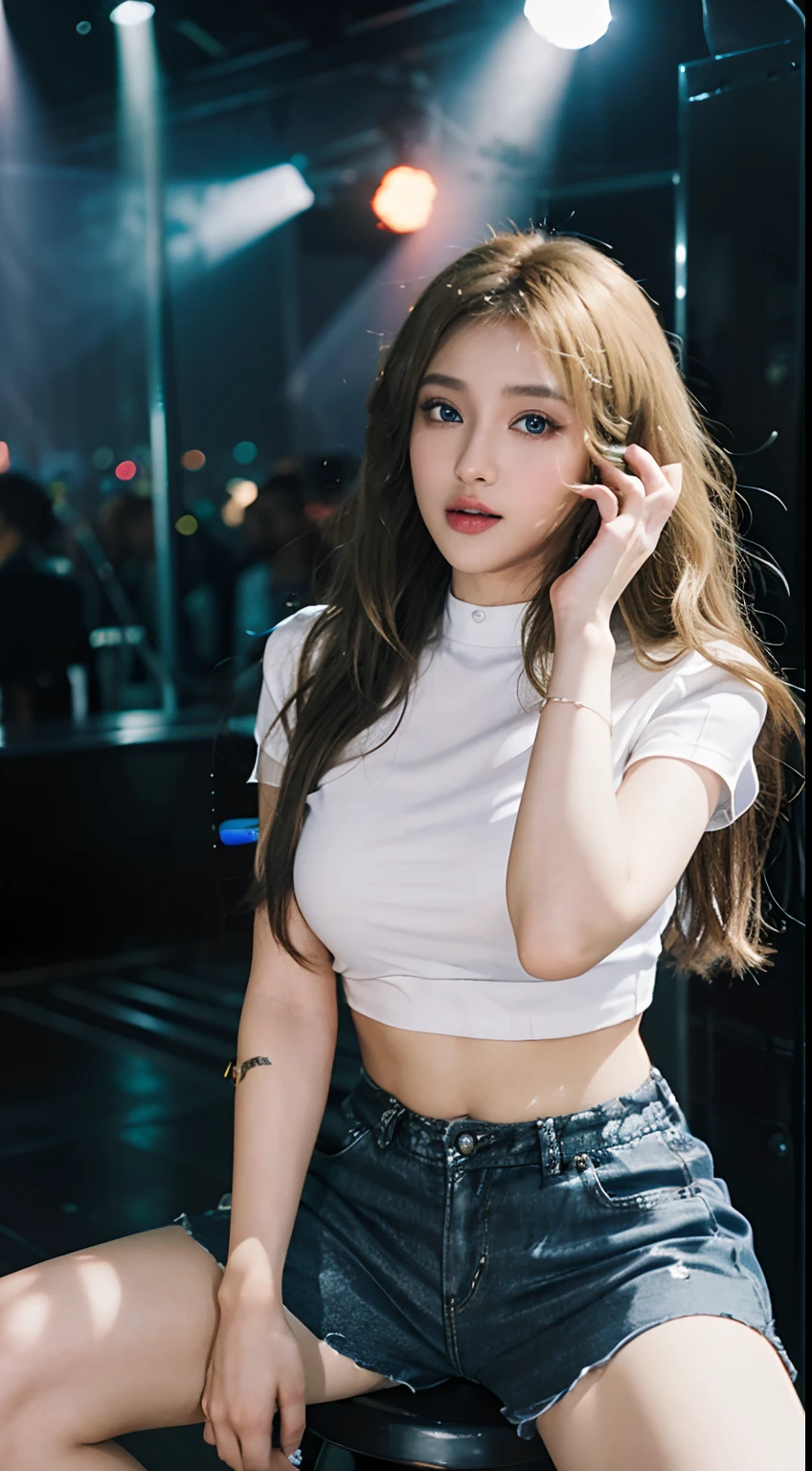 1girl in, (Blue eyes), laught, ((In the name of Minaj)), large full breasts, (Best Quality, 8K, masutepiece: 1.3), Clear focus: 1.2, Perfect Body Beauty : 1.4, Slim abs: 1.2, Highly detailed face and skin texture, Detailed eyes, Double eyelids, (with long blonde hair), (Shirt and sequin shorts), K-POP, Idol, (Singing and dancing), (on a stage), At concerts, Spread your legs, Sitting on a chair, gaze at the audience
