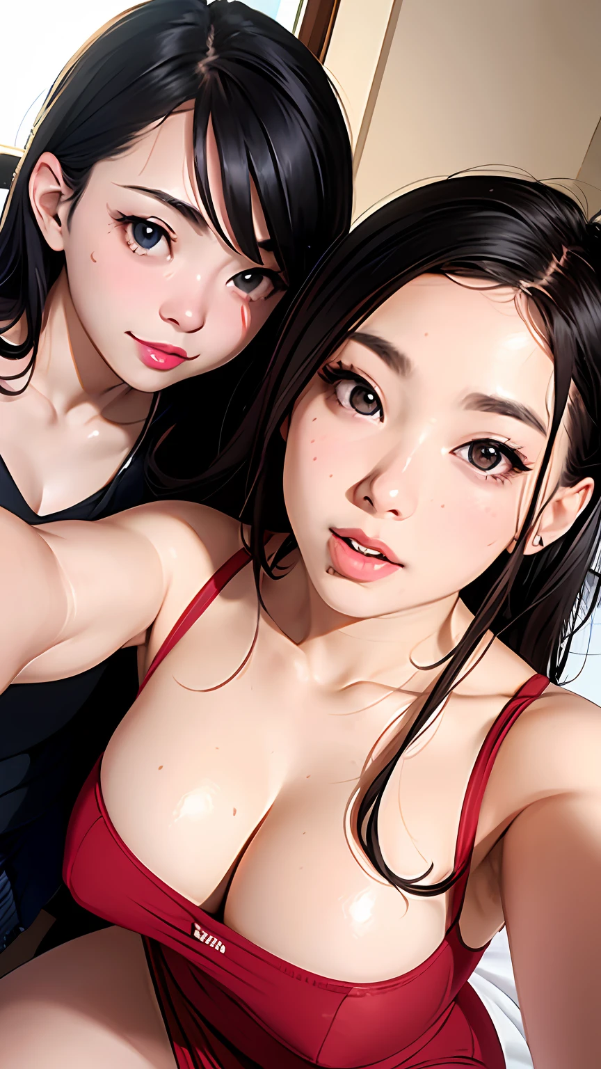 realisticlying,2 females,selfee,Looking Up,(Open your mouth wide),Face Real,sit on a bed,A sexy、cheeks a little red,lips a little red,thick lips