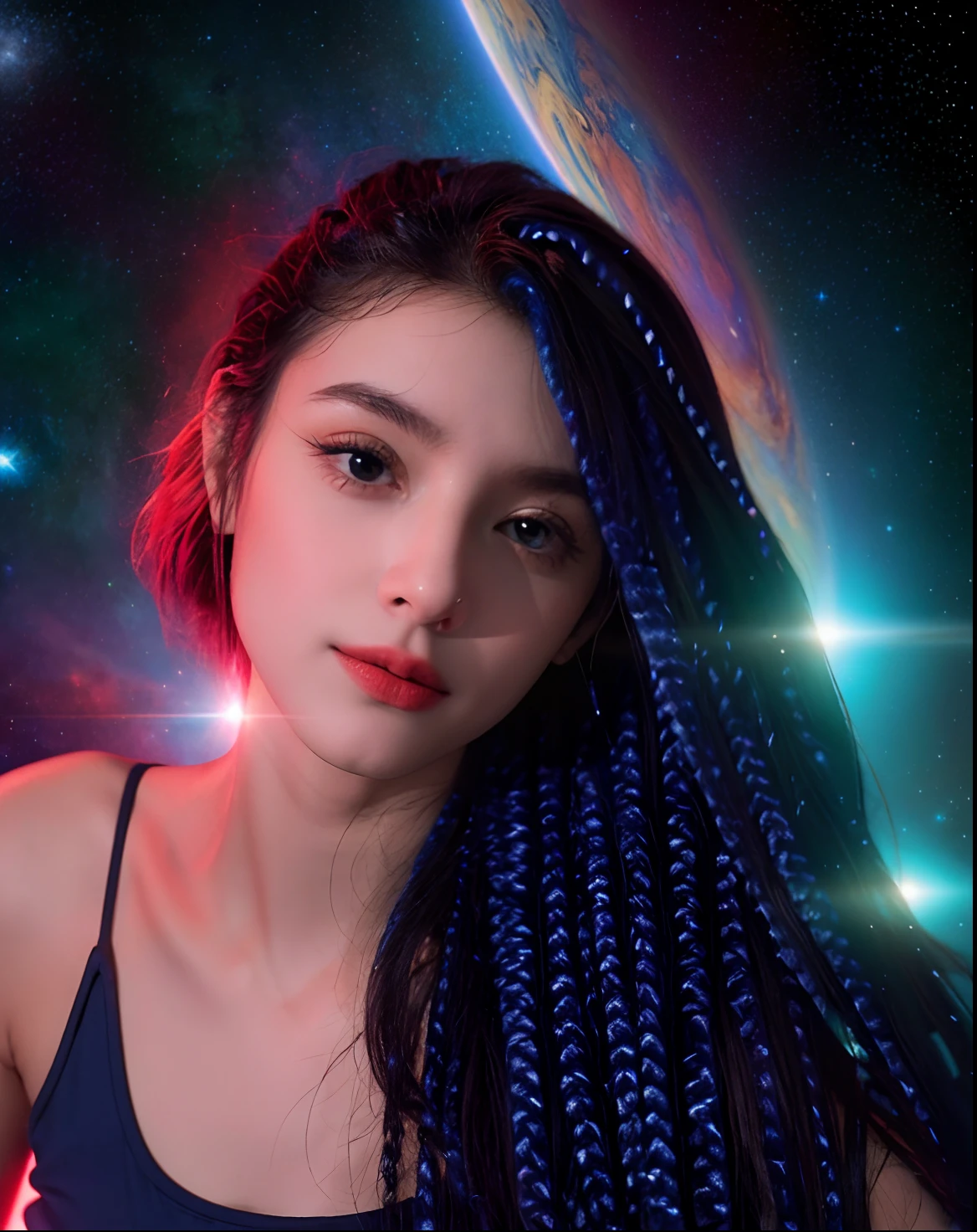 Crie arte com essa imagem baseada no universo como se ela fosse uma deusa do universo com planetas e estrelas ao fundo e ao redor de seu corpo