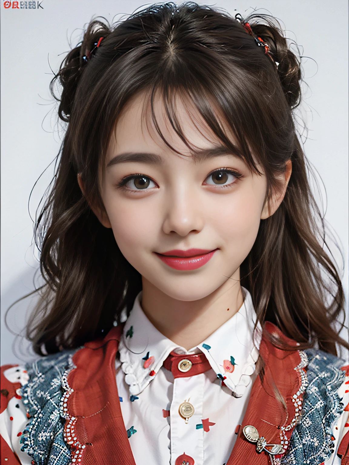 8K、(masterpiece)、top-quality、Ultra Real 8K、erfect artwork、White polka dot dress on red background、cute smile face,