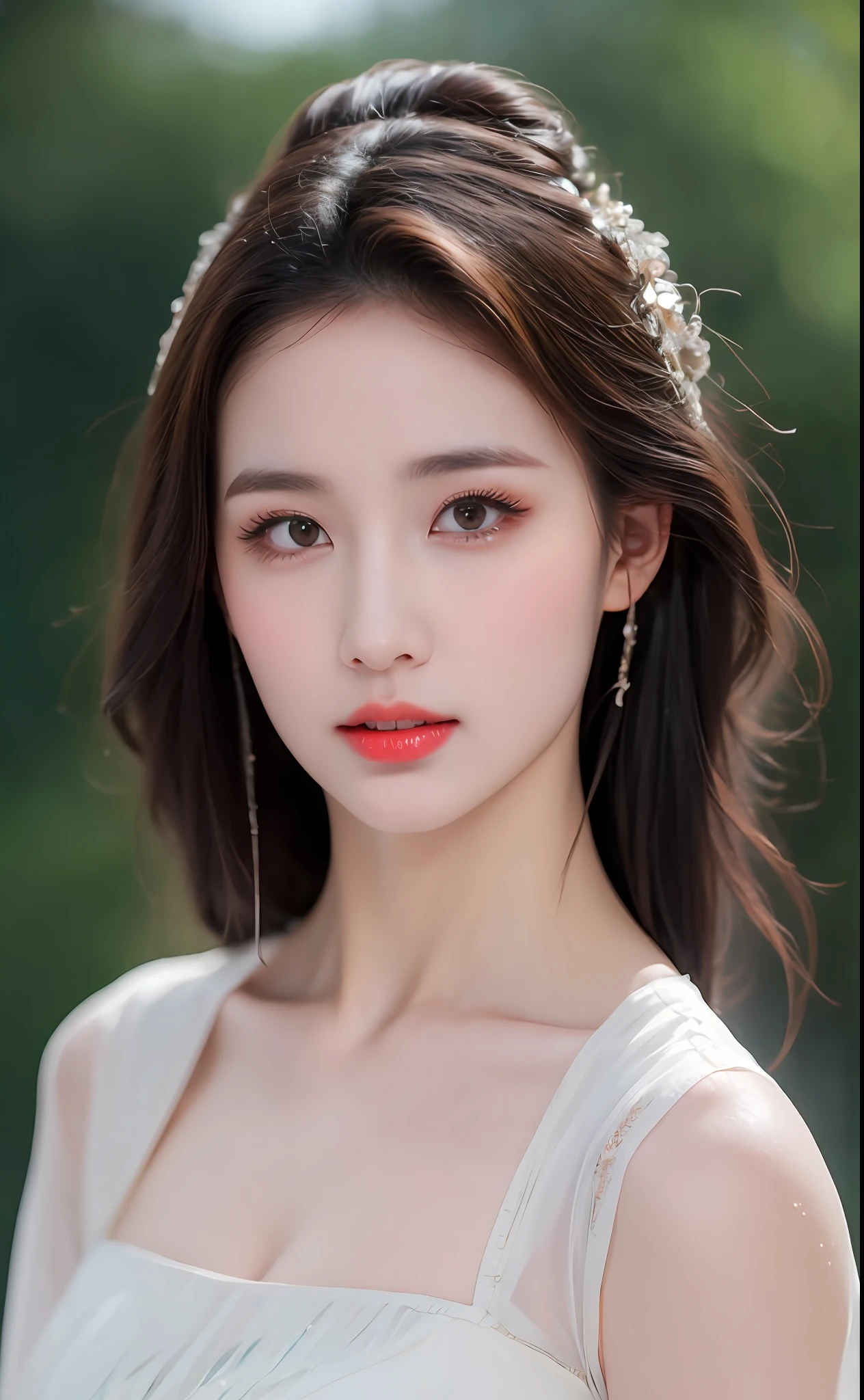 ((Best Quality, 8k, Masterpiece: 1.3)), Focus: 1.2, Perfect Body Beauty: 1.4, Buttocks: 1.2, ((Layered Haircut)), (Wet Clothes: 1.1), (Rain, Street:1.3), (Breasts: 1.2), (Hanfu: 1.2), Bare Shoulders, Bare Legs, Highly Detailed Face and Skin Texture, Fine Eyes, Double Eyelids, Whitened Skin, Long Hair, (Shut Up: 1.5), (Bokeh Background: 1.5), Big Breasts
