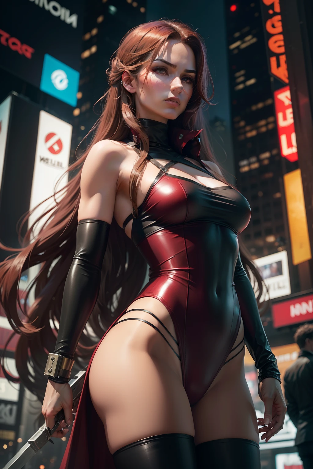 Beautiful young Caucasian woman with long hair Elektra is a lethal assassin and mercenary known for her martial arts skills and wielding a pair of sai. New York City, Time Square. Elektra's classic outfit usually consists of a dark red outfit, often consisting of a long-sleeved short top with dark red tights. She is also known for wearing bandages that wrap around her forearms and hands, as well as adopting accessories such as belts. spy and skilled manipulator. Standing out as a beautiful intriguing figure, she is a killer. Her determination, cunning and complex connections make her an intriguing and multifaceted figure. (best quality: 1.0), (Ultra Highres: 1.0), highly detailed face and eyes, (photorealistic: 1.2)