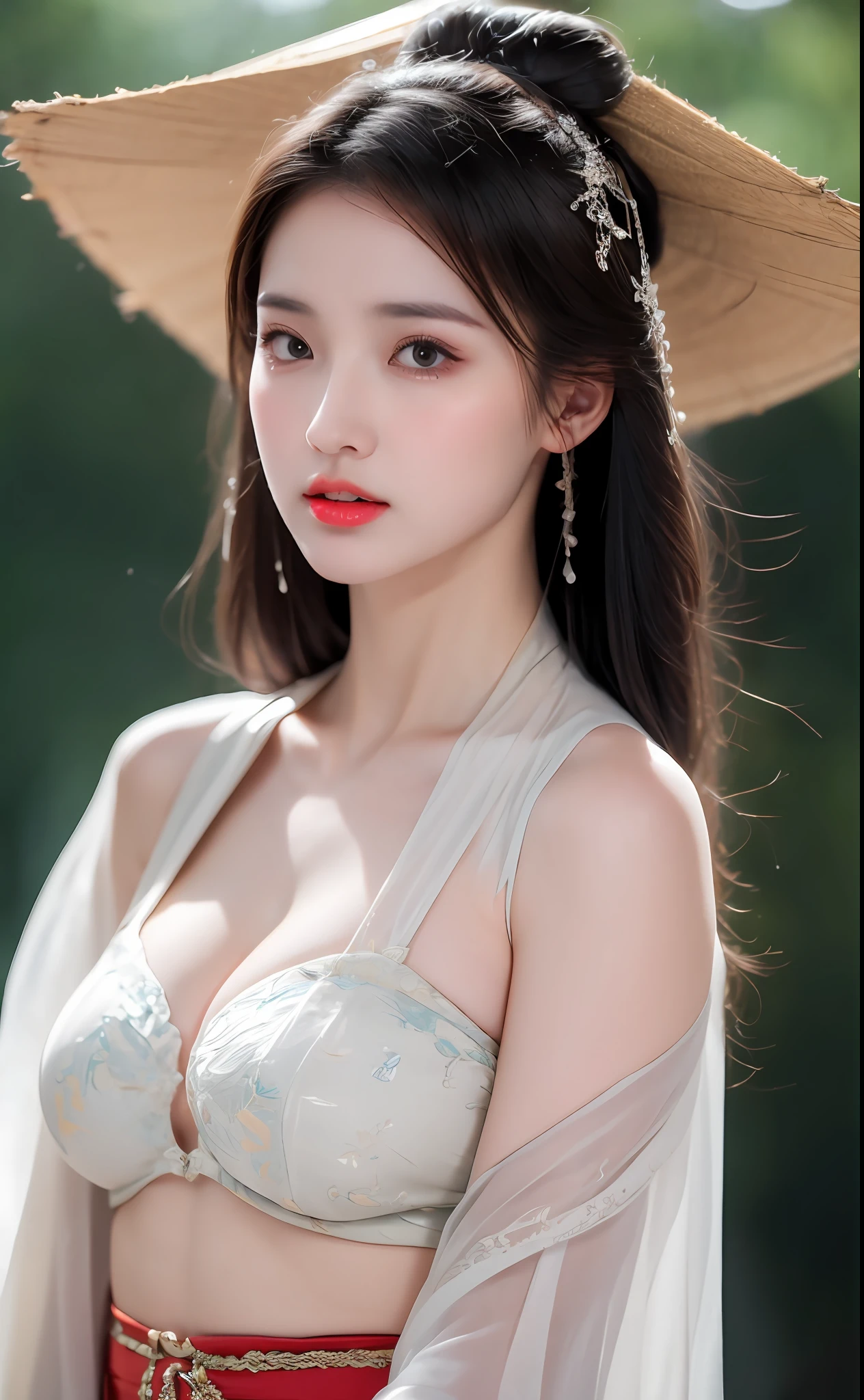 ((Best Quality, 8k, Masterpiece: 1.3)), Focus: 1.2, Perfect Body Beauty: 1.4, Buttocks: 1.2, ((Layered Haircut)), (Wet Clothes: 1.1), (Rain, Street:1.3), (Breasts: 1.2), (Hanfu: 1.2), Bare Shoulders, Bare Legs, Highly Detailed Face and Skin Texture, Fine Eyes, Double Eyelids, Whitened Skin, Long Hair, (Shut Up: 1.5), (Bokeh Background: 1.5), Big Breasts