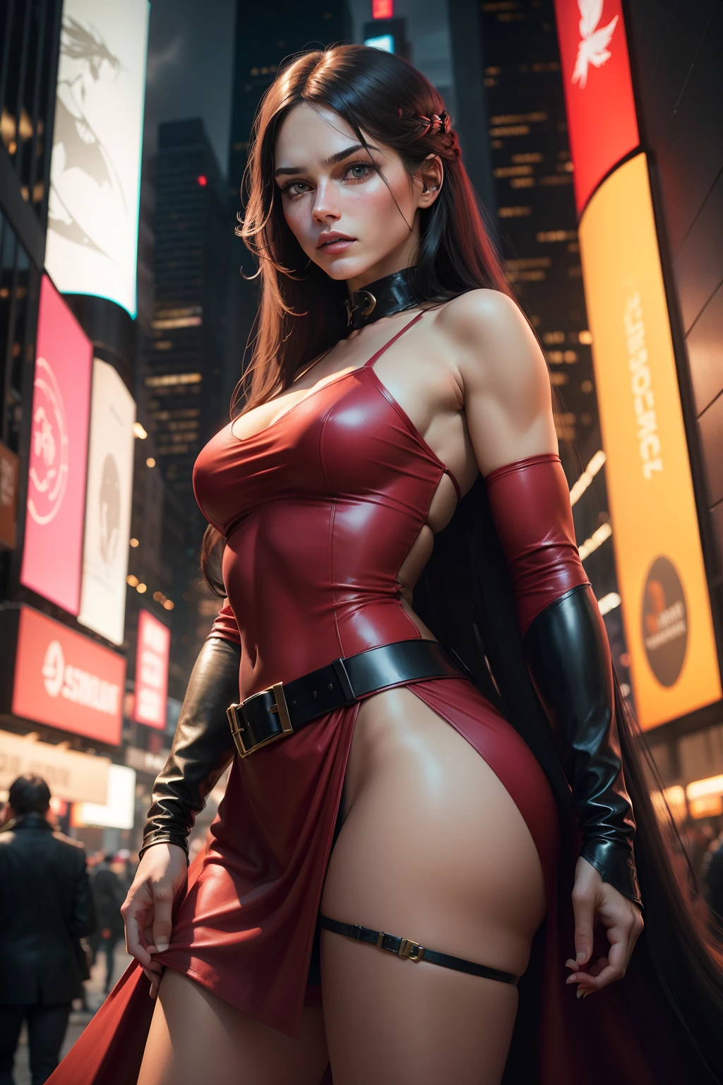 Beautiful young Caucasian woman with long hair Elektra is a lethal assassin and mercenary known for her martial arts skills and wielding a pair of sai. New York City, Time Square. Elektra's classic outfit usually consists of a dark red outfit, often consisting of a long-sleeved short top with dark red tights. She is also known for wearing bandages that wrap around her forearms and hands, as well as adopting accessories such as belts. spy and skilled manipulator. Standing out as a beautiful intriguing figure, she is a killer. Her determination, cunning and complex connections make her an intriguing and multifaceted figure. (best quality: 1.0), (Ultra Highres: 1.0), highly detailed face and eyes, (photorealistic: 1.2)