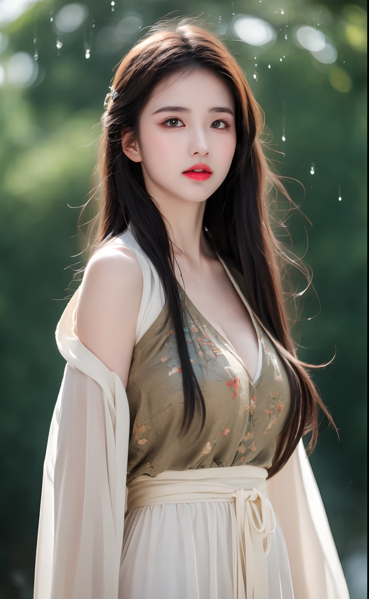 ((Best Quality, 8k, Masterpiece: 1.3)), Focus: 1.2, Perfect Body Beauty: 1.4, Buttocks: 1.2, ((Layered Haircut)), (Wet Clothes: 1.1), (Rain, Street:1.3), (Breasts: 1.2), (Hanfu: 1.2), Bare Shoulders, Bare Legs, Highly Detailed Face and Skin Texture, Fine Eyes, Double Eyelids, Whitened Skin, Long Hair, (Shut Up: 1.5), (Bokeh Background: 1.5), Big Breasts