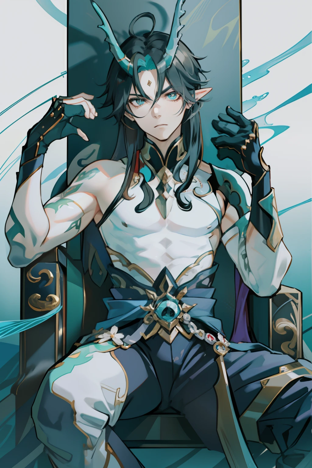 （absurderes，A high resolution，Hyper-detailing，hdr），Dragon's horn，younge boy，tmasterpiece，best qualtiy，1人，独奏，Handsome，Golden eyes，Fine eyes and detailed face，toppless，Tattooed with，arma，seated on a throne，Indifferent and arrogant，Abs，chest muscle，Raised sexy，Ruffian，Show your temperament，Male，masculine appeal，Male characteristics are distinct，Long messy hair，Arrogant，self-assured，Sitting majestically on the throne，Legs crossed，white pantie，supreme，Lazy，Handsome，