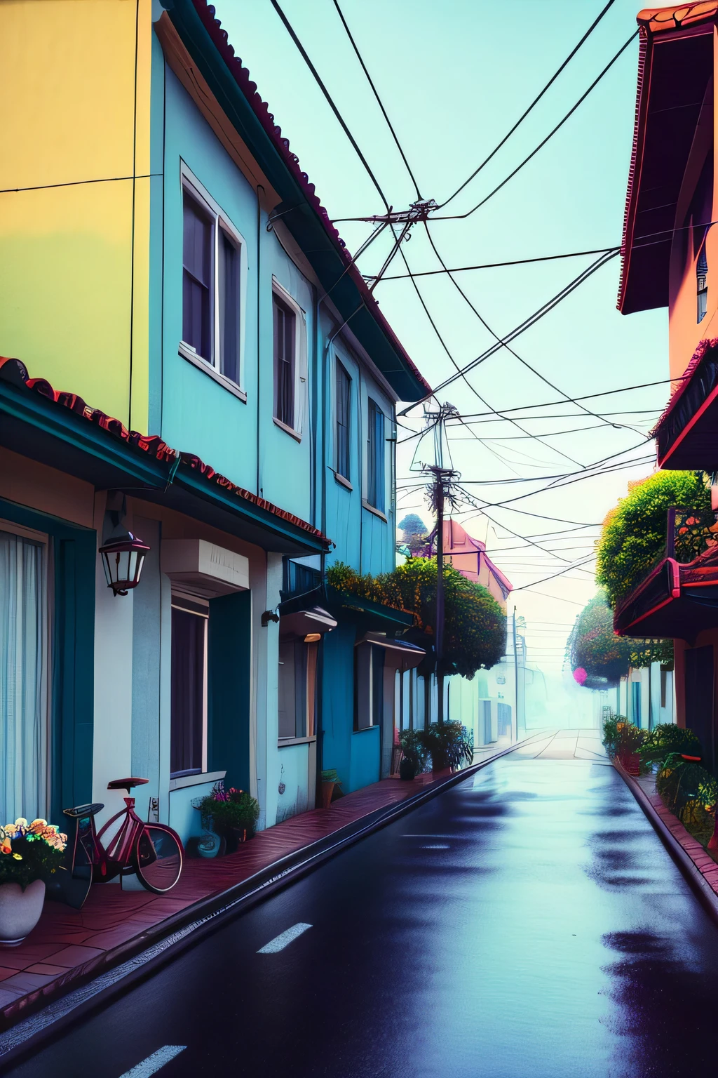 LoFi Aesthetic, (masterpiece, best quality, ultra-detailed, highres), bicycle, no humans, outdoors, power lines, rain, utility pole, ground vehicle, plant, scenery, road, street, house, building, potted plant, sign, window, flower, air conditioner, flower pot, sky