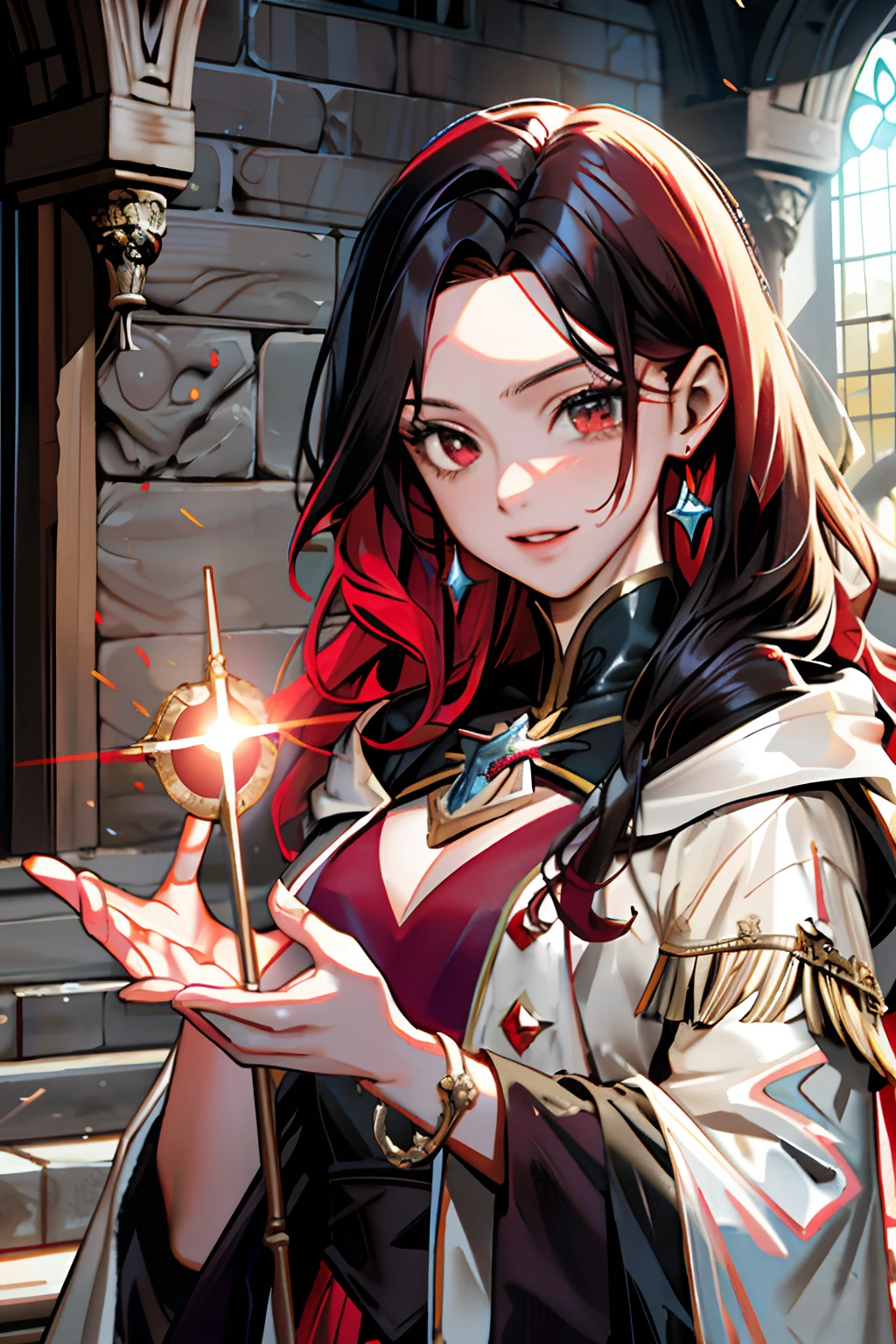red long wavy hair,22-year-old female,Robe,magia,wands,sorceress woman,Heroic and radiant,Harry Potter
