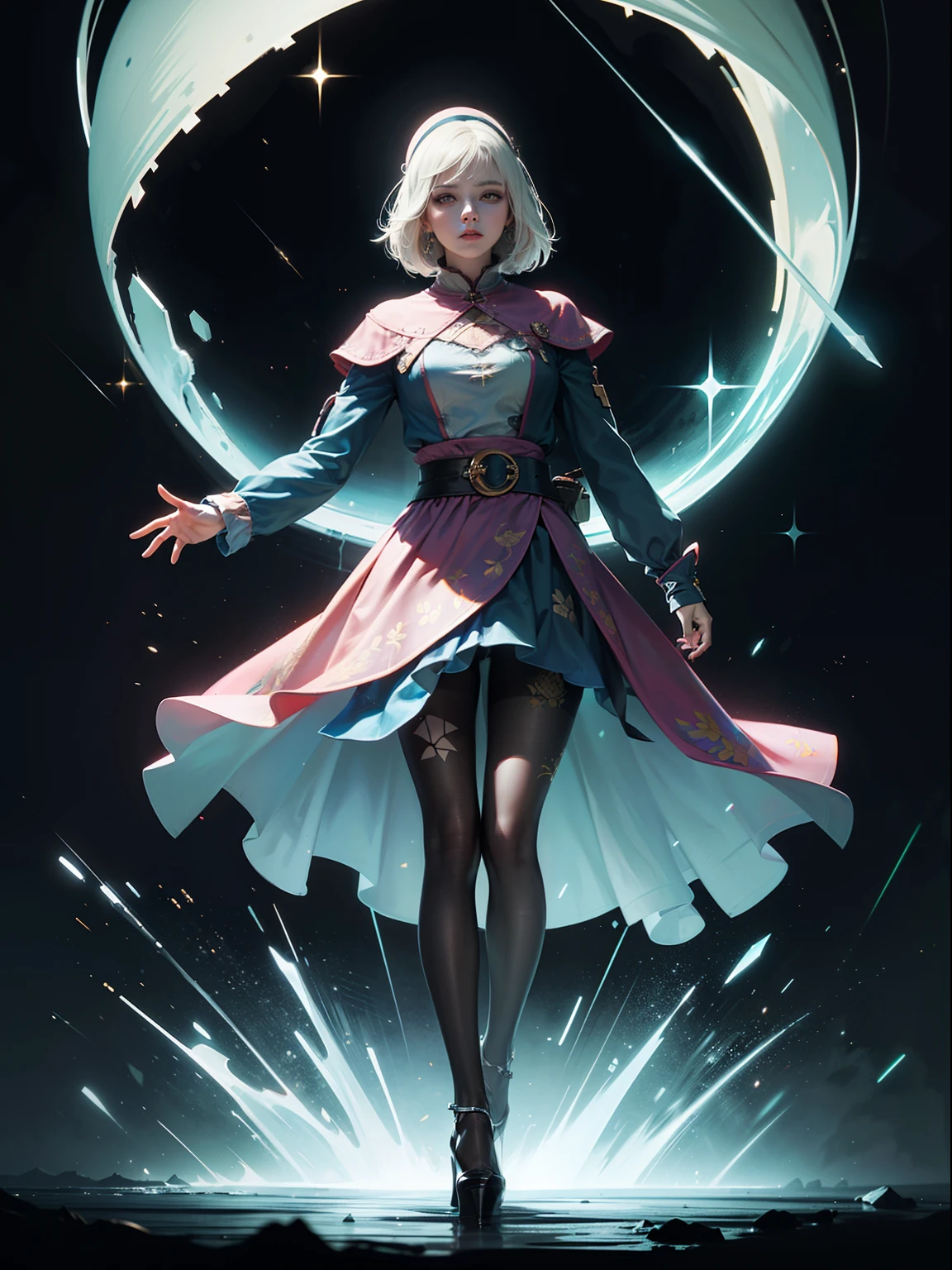 (full body:1.5),(1girl:1.3),(looking at viewer:1.4),(anatomy correct:1.3),(Wearing Printed Witcher suit and pointed high heels ,and Very thick Printed ta Pantyhose :1.35), (Light particle effect:1.3),(In pink | amarelo | blue colors| green color |red colors | white colors| black in color| purpleish color| greys| Beige| Flesh color 1.4),(Glowing eyes:1.3),(Large amplitude action: 1.3),(Accurate and perfect face:1.4),(Clothing Gloss:1.25),(Skin reflection:1.25),hyper HD, Ray traching, reflective light,structurally correct, Award-Awarded, high detal, lightand shade contrast, Face lighting,cinmatic lighting, tmasterpiece, super detailing, high high quality, high detal, best qualityer, 16k,high contrast,