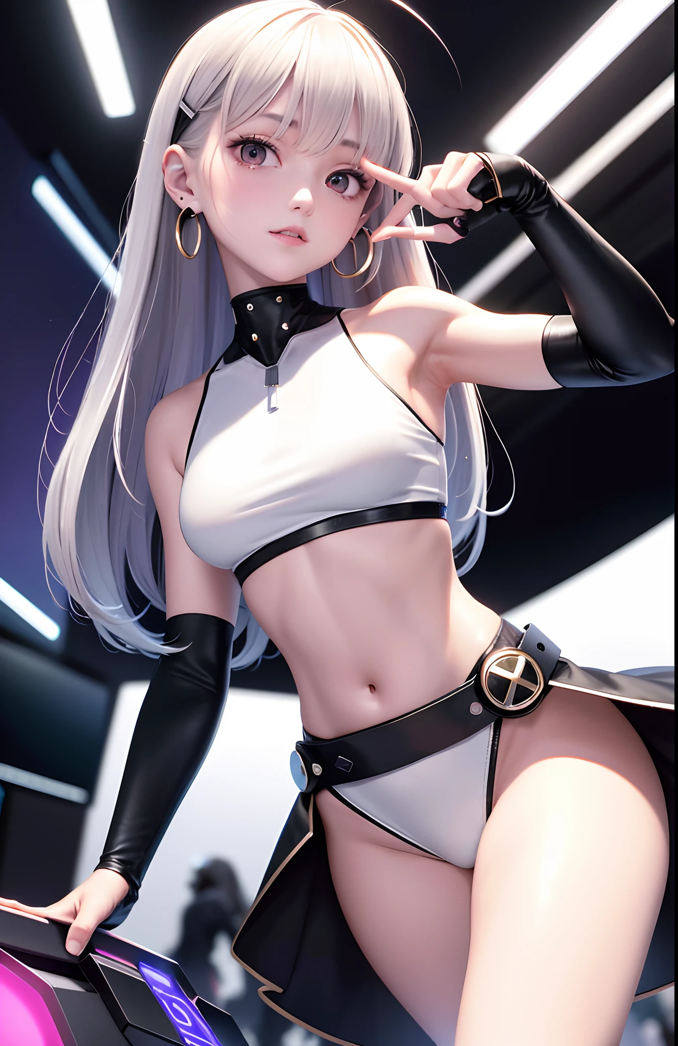 optimum，tmasterpiece，A high resolution，best qualtiy，hyper HD，super detailing，Award-Awarded，16k，独奏，（The upper part of the body），anatomy correct，Beautiful cyberpunk girl，Ex Machina，cute  face，high light，Gradient Beige Hair，Hairline，（（Scarlet eyes）），long eyelasher，Hanging eye corners，White skin of the，（small boobs），（Slim body），（（crop_top）），（（high-waist_Skirt）），（），ear studs，（neck rings），（Laser material clothing：1.2）