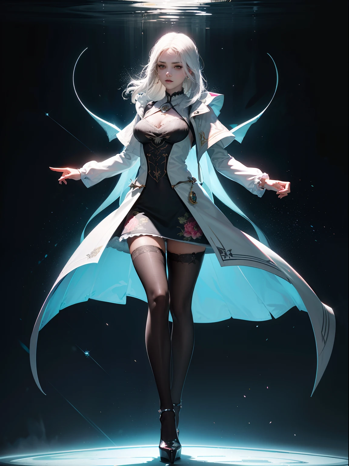 (full body:1.5)，(1girl:1.3),(looking at viewer:1.4)，(anatomy correct:1.3),(Wearing Printed Witcher suit and pointed high heels ，and Very thick Printed ta Pantyhose :1.35), (Light particle effect:1.3),(In pink | amarelo | blue colors| green color |red colors | white colors| black in color| purpleish color| greys| Beige| Flesh color 1.4)，(Glowing eyes:1.3),(Large amplitude action: 1.3)，(Accurate and perfect face:1.4),(Clothing Gloss:1.25),(Skin reflection:1.25),hyper HD, Ray traching, reflective light，structurally correct, Award-Awarded, high detal, lightand shade contrast, Face lighting，cinmatic lighting, tmasterpiece, super detailing, high high quality, high detal, best qualityer, 16k，high contrast,