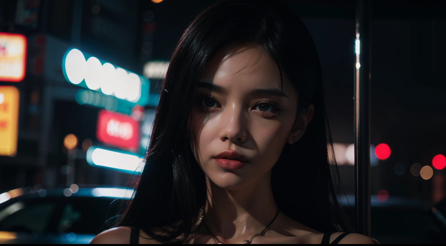 thoughhtful woman in a rainy night, city lights, cyberpunk vibes, close up, neon noir, ultra detailed, photorealistic, cinematic.