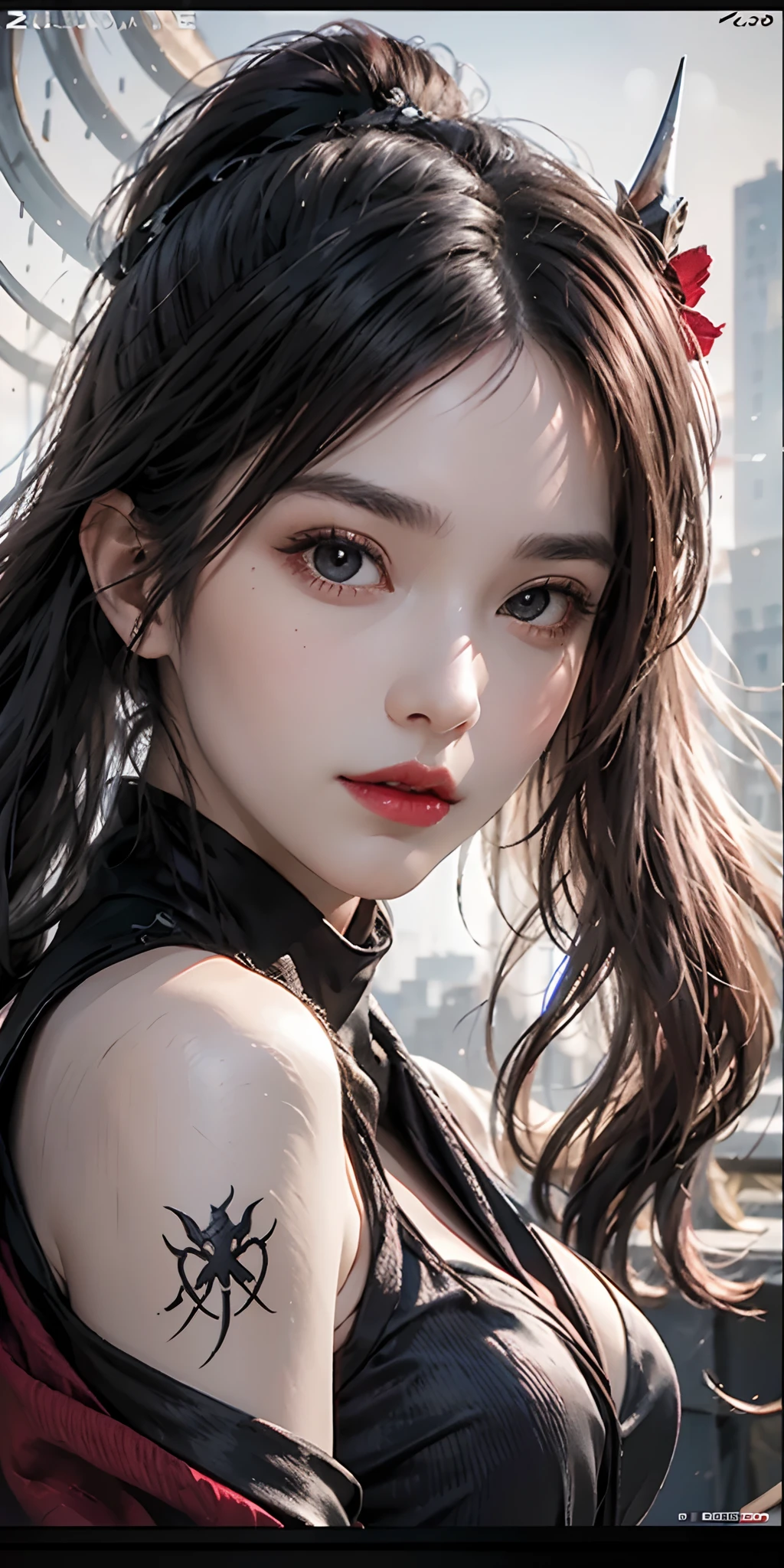 Photorealistic, high resolution, Soft light,1womanl, Solo, Hips up, shiny skins, (Detailed face),tattoo, jewelry, Winter hanfu, Cloak, Snow, Night, Wavy hair, Beautiful soldiers, Grab the audience's eye, Lover's perspective, Invitation expression, Sexy smile, Perfect style, Perfect balance, Detailed skin, mischievous gaze, chest visible