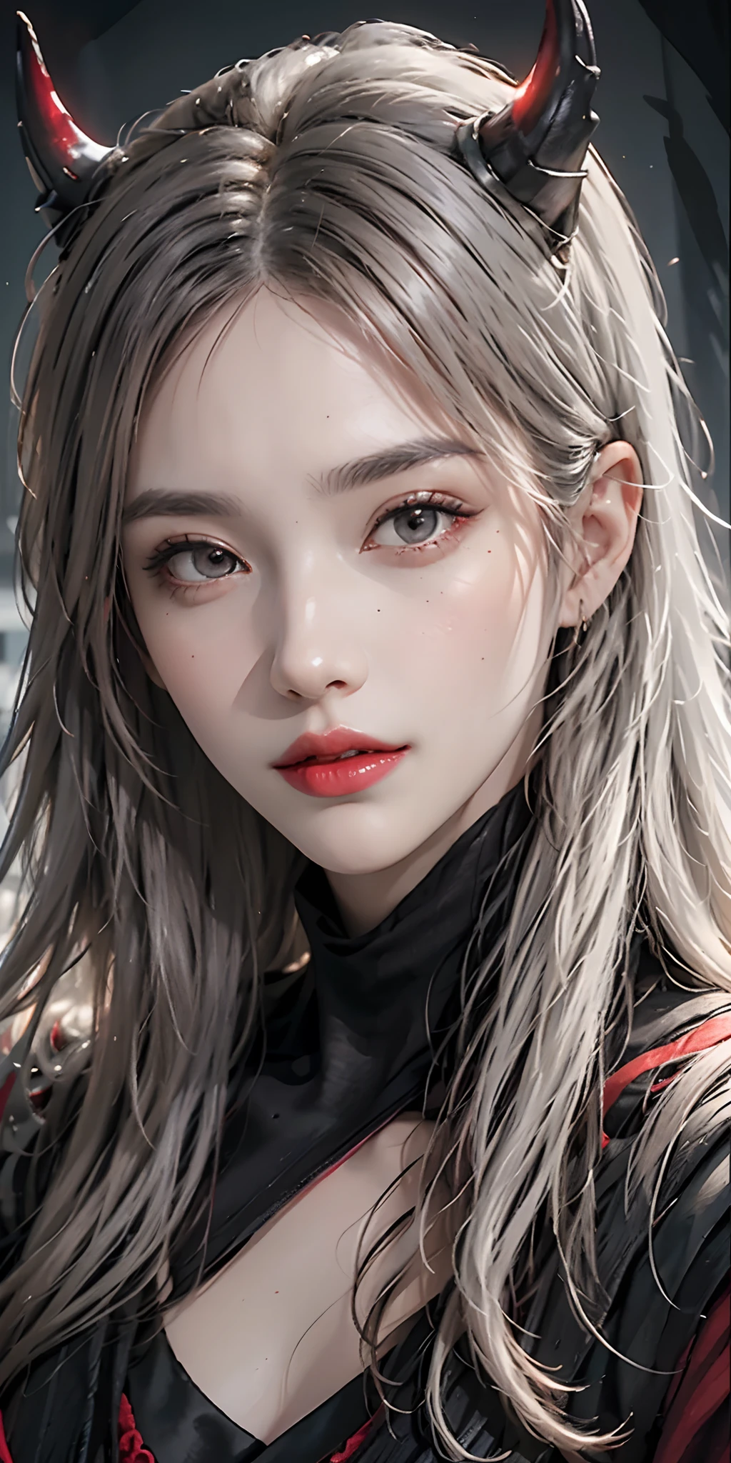 1 beautiful devil woman from hell, In the Dark: 1.6), surreal female portrait by David Hockney and Alphonse Mucha, fantasy art, korea doll, photorealism, dynamic lighting, artstation, poster, volumetric lighting, very detailed faces, 8k ultra, Awarded, in the dark, deep shadow, low key, cowboy lens, (Red phoenix dress: 1.4), long hair, white hair, bust, luxurious palace, Royal style, devil crown, red eyes make up very sharp and detailed, The most beautiful face, The breasts are very big and round and round, Super realistic, chinese women's clothing, polo neck sweater, Charming smile, The eyes are very well made up, guweiz, devil style, wearing black mesh socks, Ponytail with a bow tied at the back of the hair, Red black lips, Devil tattoo on shoulder, wearing a thin red and black robe, the landscape is overcast and thunderous, (Portrait), Close-up of the main character, (Background details 1.8),