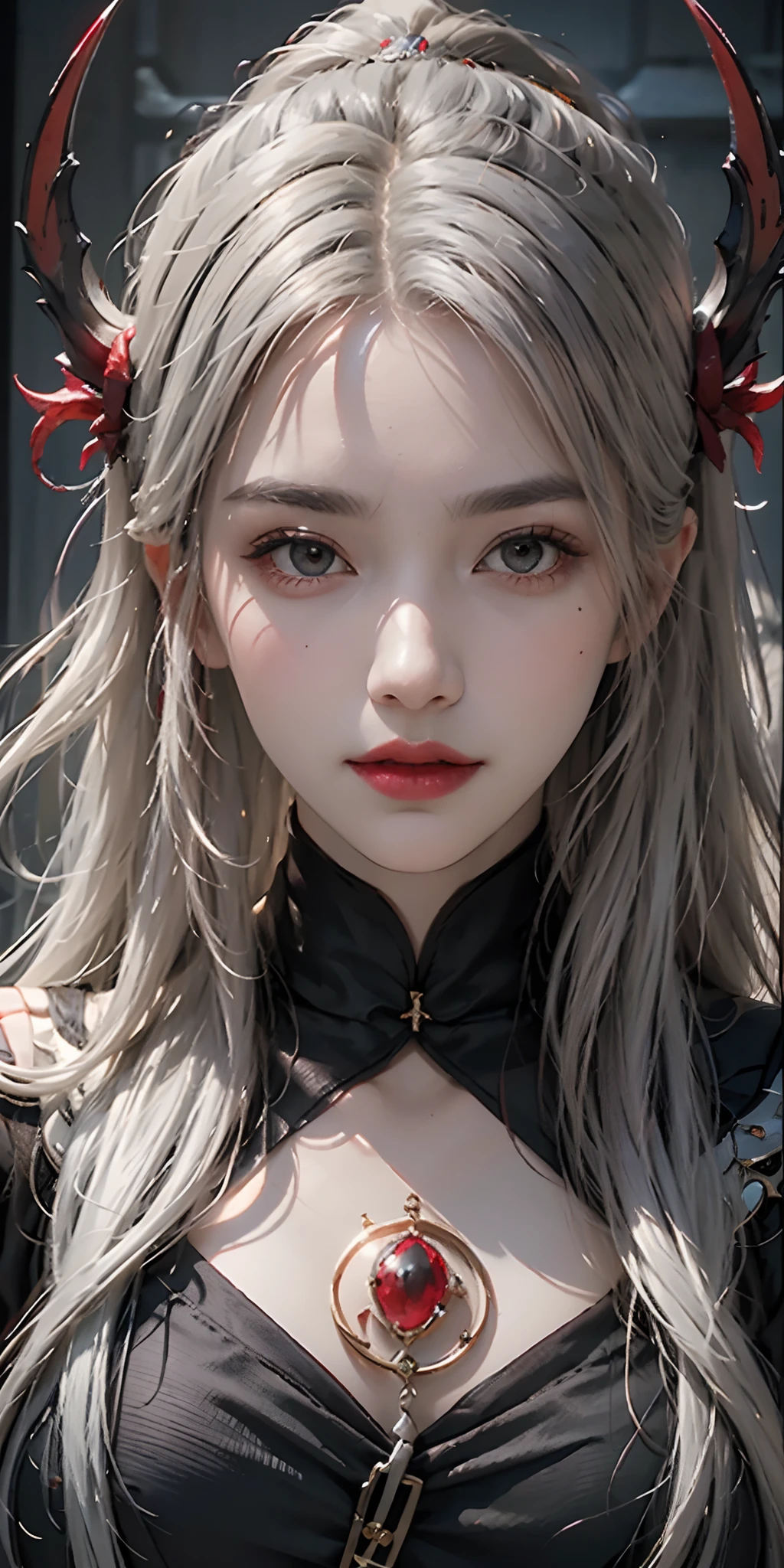 1 beautiful devil woman from hell, In the Dark: 1.6), surreal female portrait by David Hockney and Alphonse Mucha, fantasy art, korea doll, photorealism, dynamic lighting, artstation, poster, volumetric lighting, very detailed faces, 8k ultra, Awarded, in the dark, deep shadow, low key, cowboy lens, (Red phoenix dress: 1.4), long hair, white hair, bust, luxurious palace, Royal style, devil crown, red eyes make up very sharp and detailed, The most beautiful face, The breasts are very big and round and round, Super realistic, chinese women's clothing, polo neck sweater, Charming smile, The eyes are very well made up, guweiz, devil style, wearing black mesh socks, Ponytail with a bow tied at the back of the hair, Red black lips, Devil tattoo on shoulder, wearing a thin red and black robe, the landscape is overcast and thunderous, (Portrait), Close-up of the main character, (Background details 1.8),