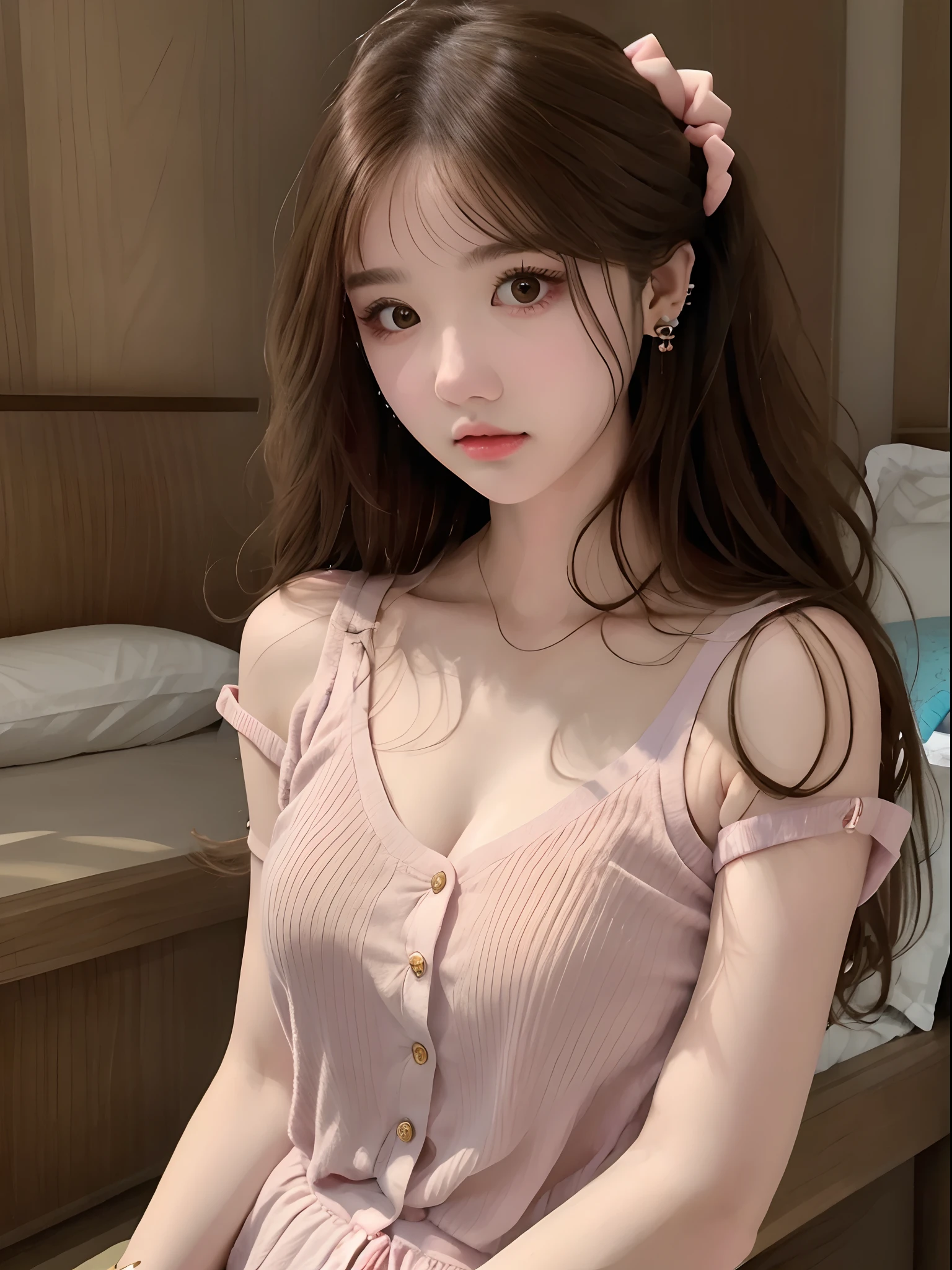 Best quality, masterpiece, super high resolution, (realistic: 1.4), original photo, 1 girl, hairpins, earrings, jewelry, brown hair, looking at the viewer, lips, playful, loose pajamas, bust