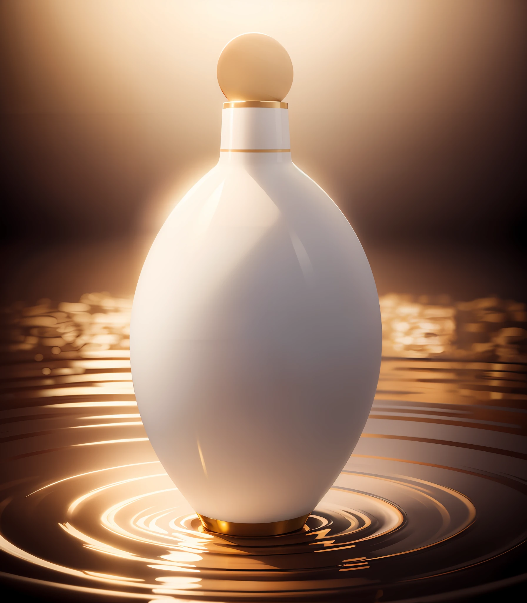 Product design,High-end white opaque wine bottle,Golden ball,hyper-detailing,White water ripple bright background,Bright lighting,oc rendered,C4D,behans