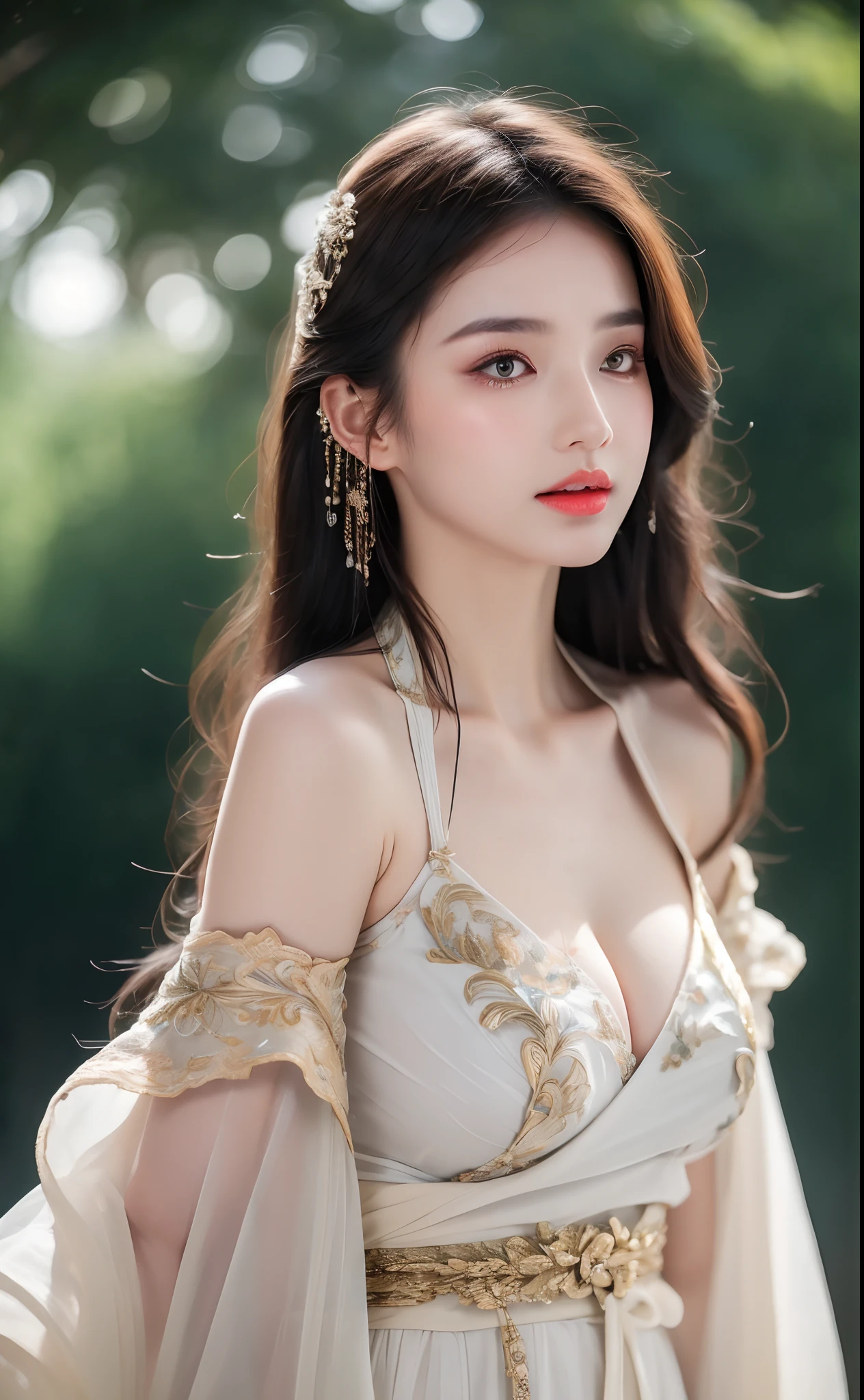 ((Best Quality, 8k, Masterpiece: 1.3)), Focus: 1.2, Perfect Body Beauty: 1.4, Buttocks: 1.2, ((Layered Haircut)), (Wet Clothes: 1.1), (Rain, Street:1.3), (Breasts: 1.2), (Hanfu: 1.2), Bare Shoulders, Bare Legs, Highly Detailed Face and Skin Texture, Fine Eyes, Double Eyelids, Whitened Skin, Long Hair, (Shut Up: 1.5), (Bokeh Background: 1.5), Big Breasts