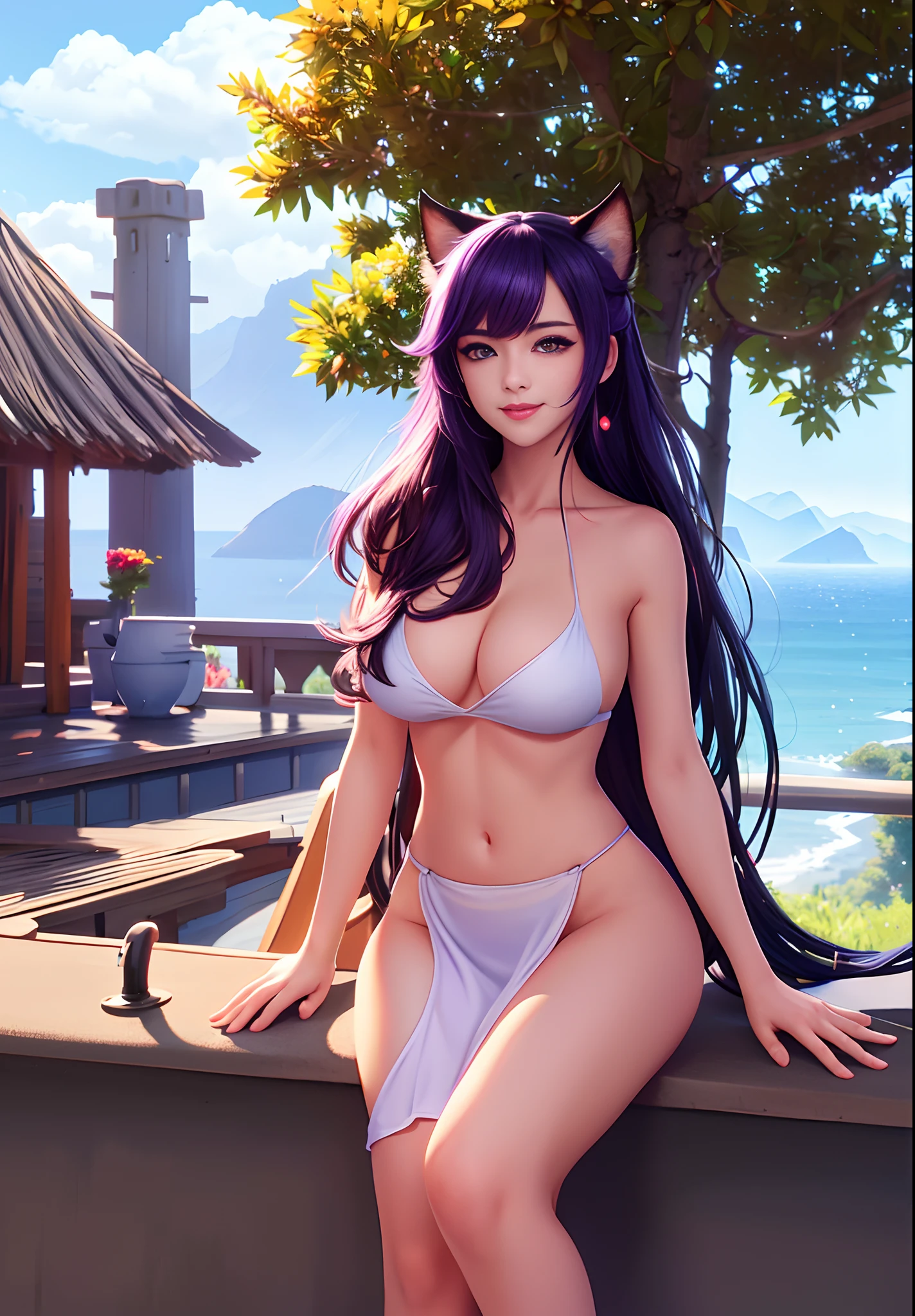 extremely detailed CG,UHD wallpaper, Extreme details,(((best quality))), ((ultra-detailed)),1girl, animal_ears, black_hair, blue_eyes, breasts, cat_ears,(naked_towel), cloud, cloudy_sky, dusk, evening, gradient_sky, horizon, looking_at_viewer, makeup, medium_breasts, watery,weat,weatdrop,mountain, mountainous_horizon, navel, ocean, orange_sky, outdoors, palm_tree, purple_sky, red_sky, short_hair, sitting, sky, smile, solo, sun, sunrise, sunset, towel, tree, twilight, water