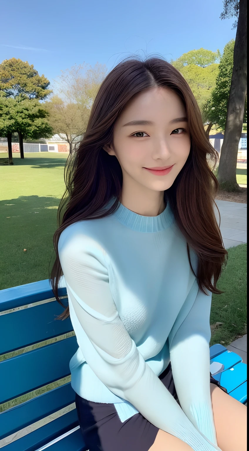 ((Top quality, 16k, Masterpiece: 1.3)), Focus: 1.2, Perfect body: 1.2, Slender abs, (Detailed face and skin texture, Small face, Delicate eyes, Double eyelids, Light smile), (Long brown hair), (sky blue sweater), (park bench, Sitting), From the front, Above Knees, full bodyesbian