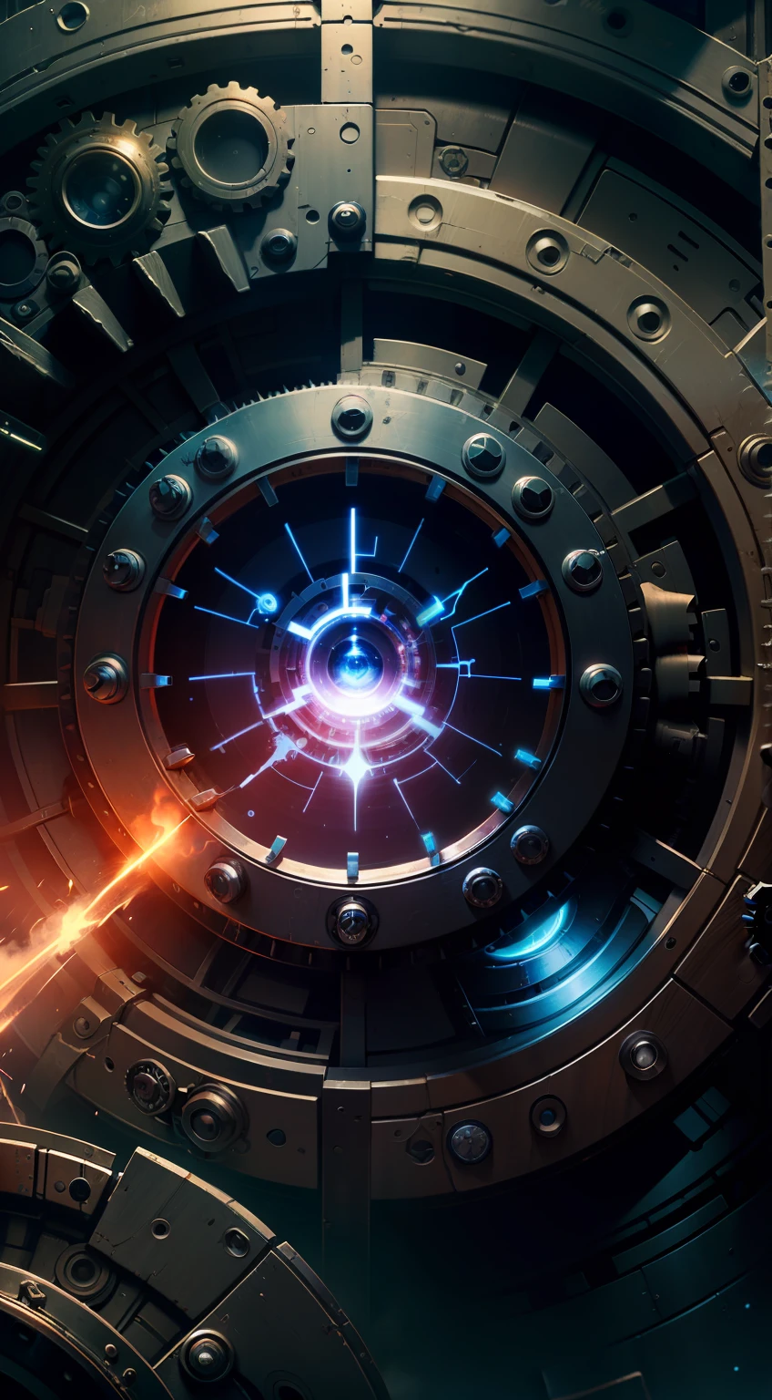 Eye of the Gods，Eschatological，cyber punk perssonage，The Age of Steam，Rotary gear，blue colors，glass，gear wheel，levitating，kosmos，kosmos，Starcloud，Complicated gears