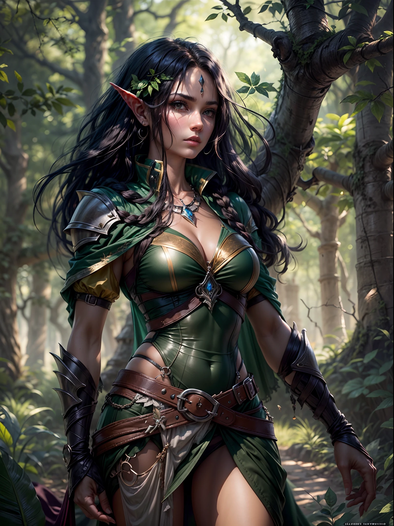 The dark elf girl is standing in a mysterious forest, with trees and foliage surrounding her. She is dressed in a very sexy bikini armor, with a flowing, dark green cloak draped over her shoulders. Her long, black hair is braided and hangs over one shoulder. She holds a sleek silver dagger in her right hand, with the blade glinting in the light. Her left hand is resting on her hip, and she gazes confidently into the distance, as if ready for anything. The sunlight filters through the trees, casting a warm glow on her face and illuminating her sharp features. In the background, you can see a castle or fortress in the distance, hinting at a dangerous adventure ahead, best quality, hyper detailed, masterpiece, detailed face, detailed eyes, detailed skin, tall body, small thigh, slim waist, medium breast, full body