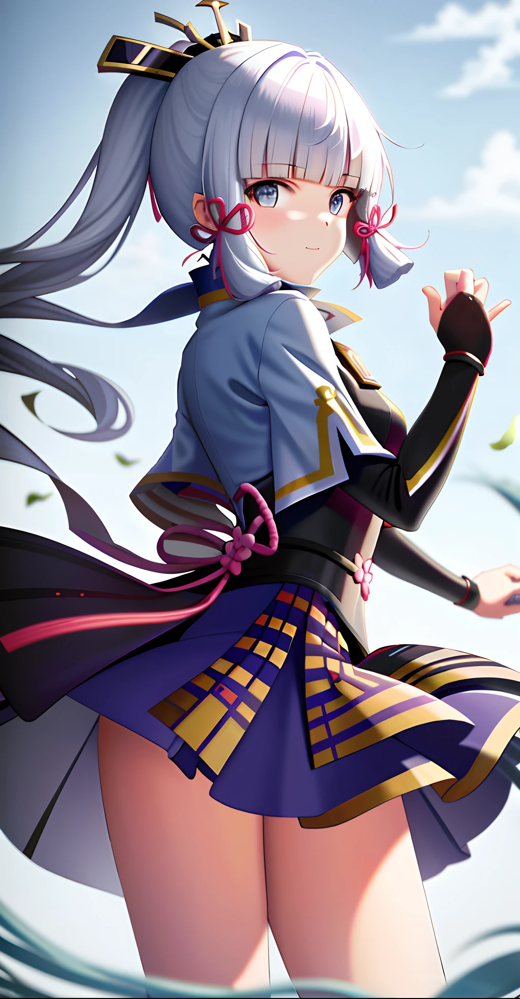 tmasterpiece,A high resolution,best qualtiy,1girl solo,kamisato_ayaka,ssmile,komono,The skirt was blown up by the wind,at a loss,is shy