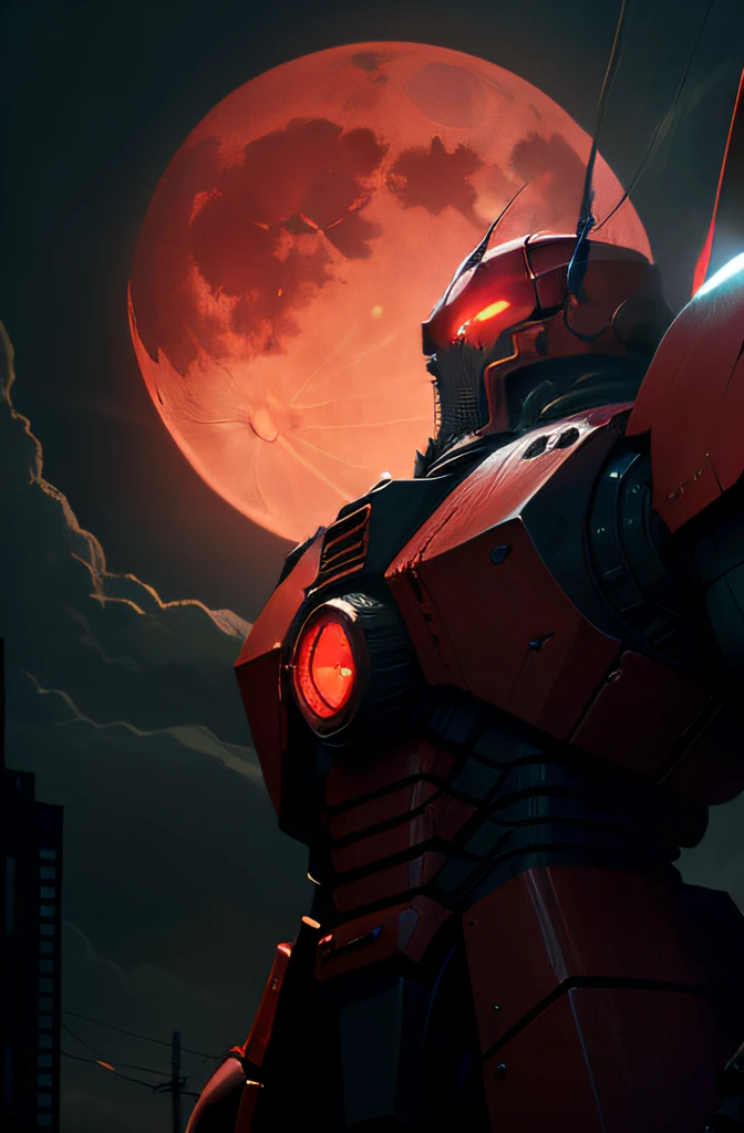 The red moon hangs high in the sky and the Cthulhu evil god awakens in a corner of the world,Mecha saves the world,Buildings,The lights are bright, and the red moon and blue sun shine together