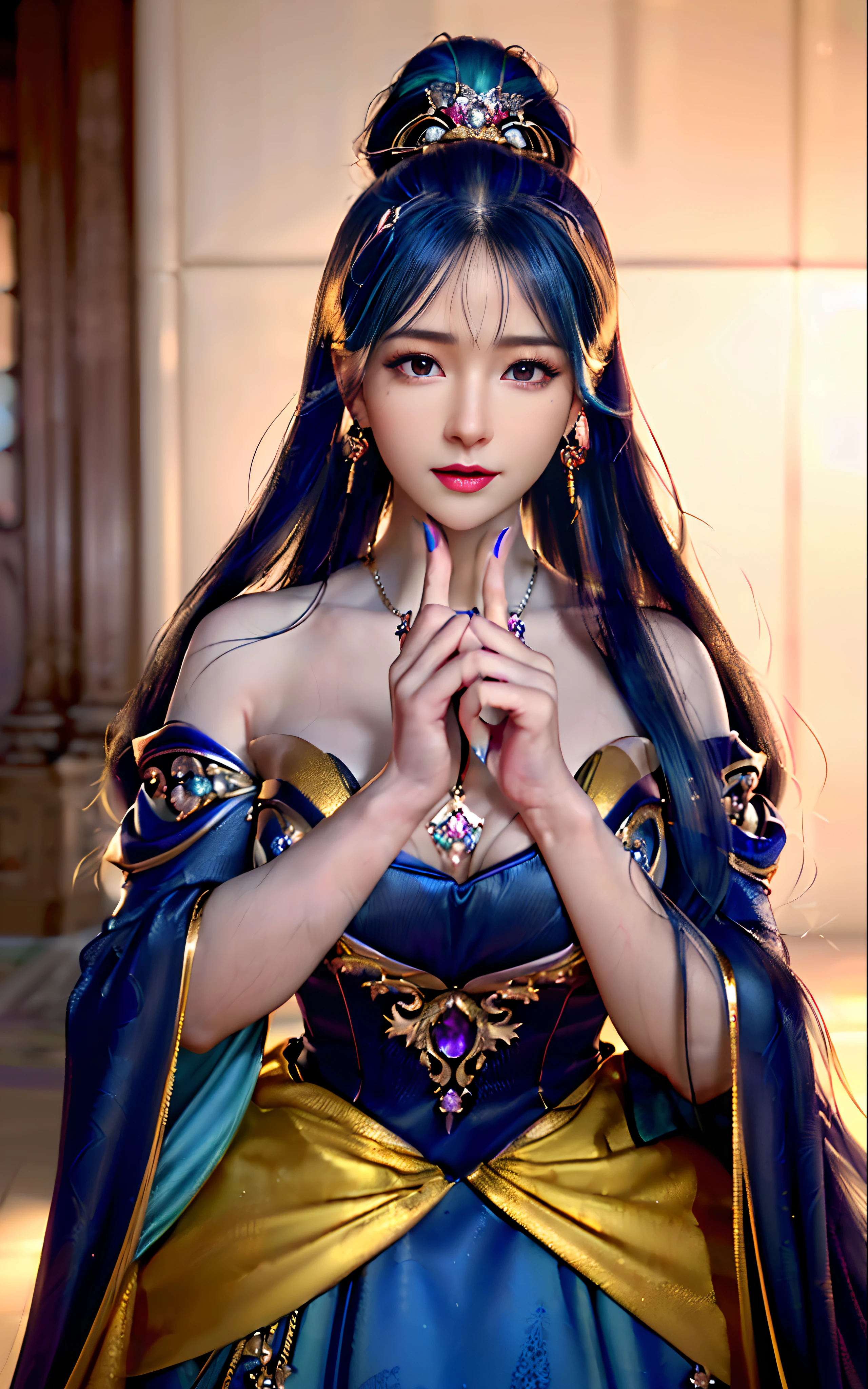 ((realisticity: 1.2)), ((realistic: 8K UHD)), ((best resolution: 8K UHD)), hyper detailed, best quality,masterpiece,highres,cg, ((1 girl hyper detailed and hyper realistic) ) , ((beautiful queen, hyper realistic and hyper detailed)),((white skin, beautiful, smooth, youthful, hyper realistic and hyper detailed )), ((Face hyper beautiful, white, hyper realistic and hyper detailed ) ), long hair, ((hyper realistic and hyper detailed dress)), solo, ((hyper realistic, hyper beautiful, beautiful and hyper detailed jewelry)), ((hyper beautiful deep red and golden yellow dress, hyper realistic and hyper detailed )) , ((Her pretty, hyper realistic, hyper detailed diamond filled earrings)), ((Her gorgeous diamond haircut, hyper realistic and hyper detailed)), ((hyper pretty upper body, hyper beautiful, hyper realistic and hyper detailed) ), ((medium breast: 1.1)), ((hyper realistic, hyper pretty, hyper detailed boobs)), ((the backgroun of the royal palace is hyper majestic, hyper realistic and hyper detailed)),((hands and palms hyper beautiful, hyper detailed, hyper realistic)), ((hyper detailed and hyper realistic fingers and fingernails)), ((hyper pretty fingernails, hyper vivid, hyper detailed, hyper realistic)), ((thumb, index finger, middle finger, ring finger, little finger hyper vivid, hyper pretty, hyper detailed, hyper realistic)),
((hyper beautiful fingers, hyper detailed, and hyper realistic)), ((posture not too fat and not too thin, hyper realistic, hyper detail)), ((hyper pretty, hyper pretty, hyper realistic and hyper detailed hair bun)), ((hyper pretty , hyper realistic and hyper detailed blue hair)), candid, Photo, high resolution, 8k , bokeh,