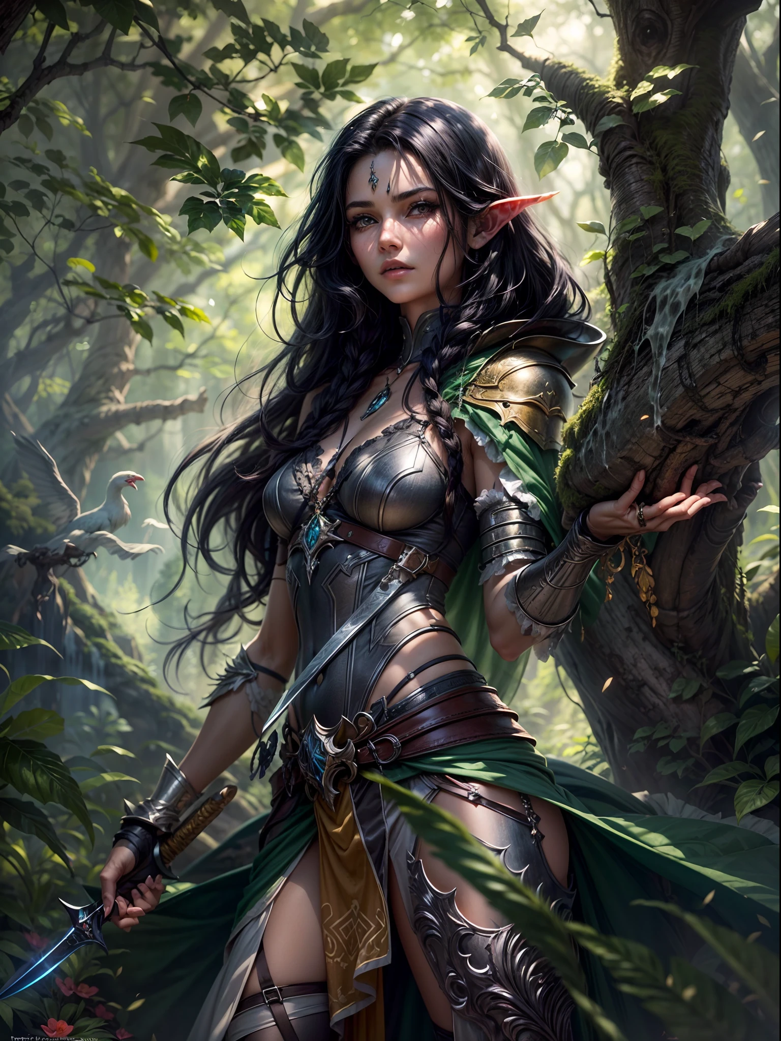 The dark elf girl is standing in a mysterious forest, with trees and foliage surrounding her. She is dressed in a very sexy bikini armor, with a flowing, dark green cloak draped over her shoulders. Her long, black hair is braided and hangs over one shoulder. She holds a sleek silver dagger in her right hand, with the blade glinting in the light. Her left hand is resting on her hip, and she gazes confidently into the distance, as if ready for anything. The sunlight filters through the trees, casting a warm glow on her face and illuminating her sharp features. In the background, you can see a castle or fortress in the distance, hinting at a dangerous adventure ahead, best quality, hyper detailed, masterpiece, detailed face, detailed eyes, detailed skin, tall body, small thigh, slim waist, medium breast, full body