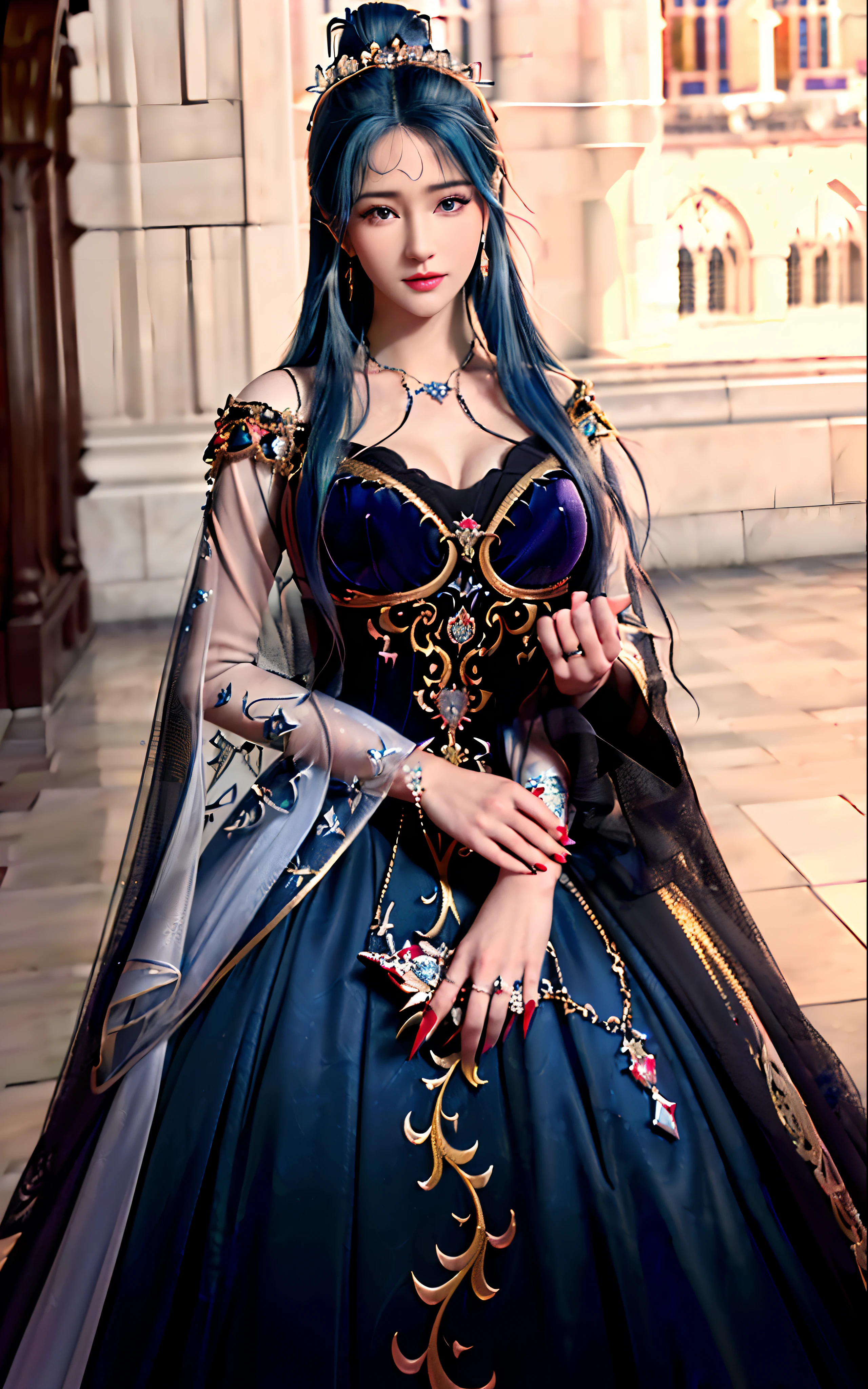 ((realisticity: 1.2)), ((realistic: 8K UHD)), ((best resolution: 8K UHD)), hyper detailed, best quality,masterpiece,highres,cg, ((1 girl hyper detailed and hyper realistic) ) , ((beautiful queen, hyper realistic and hyper detailed)),((white skin, beautiful, smooth, youthful, hyper realistic and hyper detailed )), ((Face hyper beautiful, white, hyper realistic and hyper detailed ) ), long hair, ((hyper realistic and hyper detailed dress)), solo, ((hyper realistic, hyper beautiful, beautiful and hyper detailed jewelry)), ((hyper beautiful deep red and golden yellow dress, hyper realistic and hyper detailed )) , ((Her pretty, hyper realistic, hyper detailed diamond filled earrings)), ((Her gorgeous diamond haircut, hyper realistic and hyper detailed)), ((hyper pretty upper body, hyper beautiful, hyper realistic and hyper detailed) ), ((medium breast: 1.1)), ((hyper realistic, hyper pretty, hyper detailed boobs)), ((the backgroun of the royal palace is hyper majestic, hyper realistic and hyper detailed)),((hands and palms hyper beautiful, hyper detailed, hyper realistic)), ((hyper detailed and hyper realistic fingers and fingernails)), ((hyper pretty fingernails, hyper vivid, hyper detailed, hyper realistic)), ((thumb, index finger, middle finger, ring finger, little finger hyper vivid, hyper pretty, hyper detailed, hyper realistic)),
((hyper beautiful fingers, hyper detailed, and hyper realistic)), ((posture not too fat and not too thin, hyper realistic, hyper detail)), ((hyper pretty, hyper pretty, hyper realistic and hyper detailed hair bun)), ((hyper pretty , hyper realistic and hyper detailed blue hair)), candid, Photo, high resolution, 8k , bokeh,