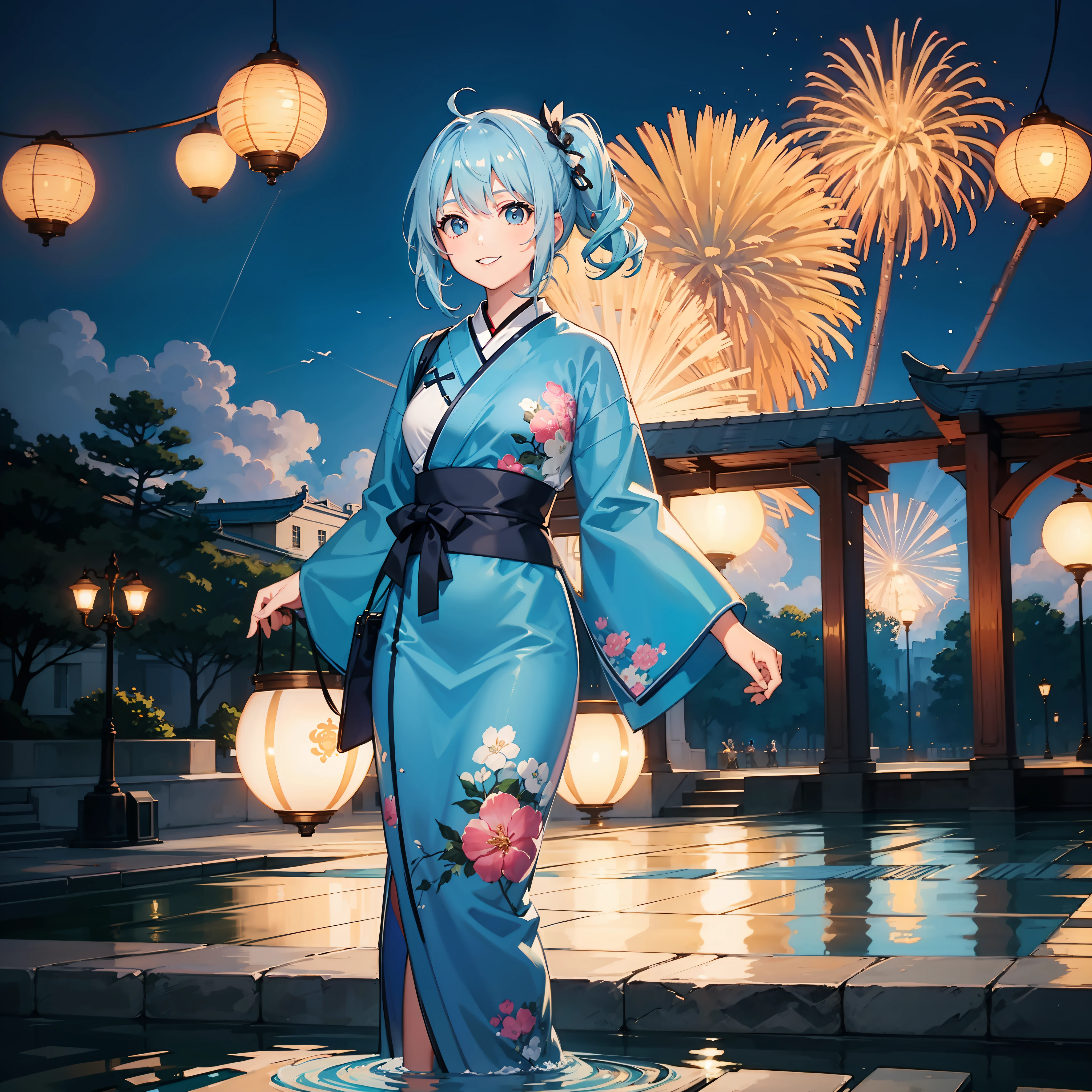 Light blue hair、A big smile(highestdetailed)、(Highest image quality 8K)、(Professional luster)、(Professional Shadow)