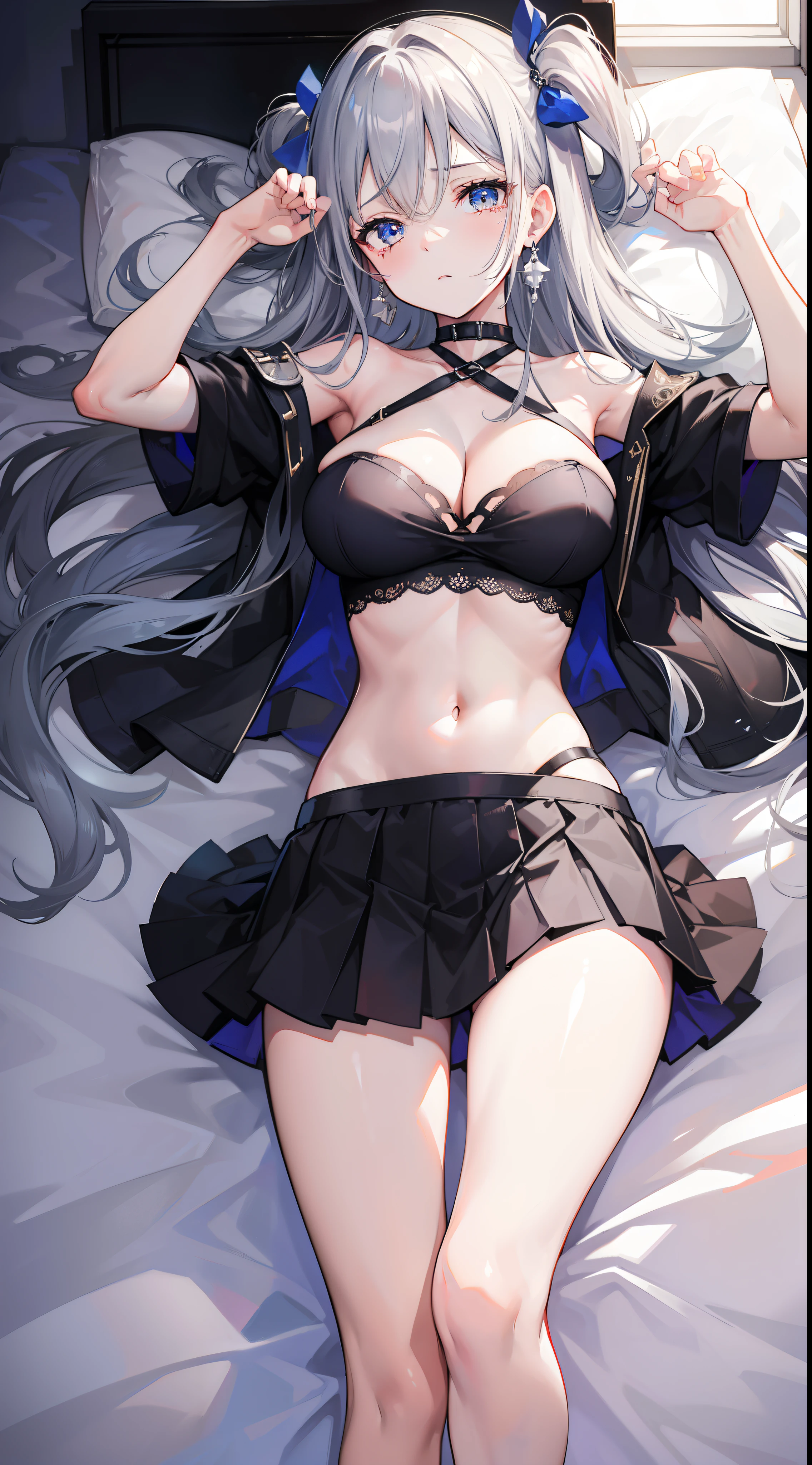(1girl:1.1), solo focus, (sick and charming:1.1), lie in bed, (keywords sexy tube top:1.1), hip skirt, light and thin., black stockings, translucent clothes, bottomless, leg tattoo, (lying:1.21), long hair, grey hair, gradient hair, hair spread out, hair one side up, earrings, cleavage, (covered :1.1), large breasts, breasts out, tears, crying with eyes open, covering mouth, (heart in eye:1.1), (bedroom:1.1), shendailishi/\(/anime character), Hasselblad, 85mm, f/2.8, lens flare, chiaroscuro, depth of field, cinematic lighting, ray tracing, backlighting, film grain, super detail, anatomically correct, textured skin, best quality, high details, high quality, 4K
