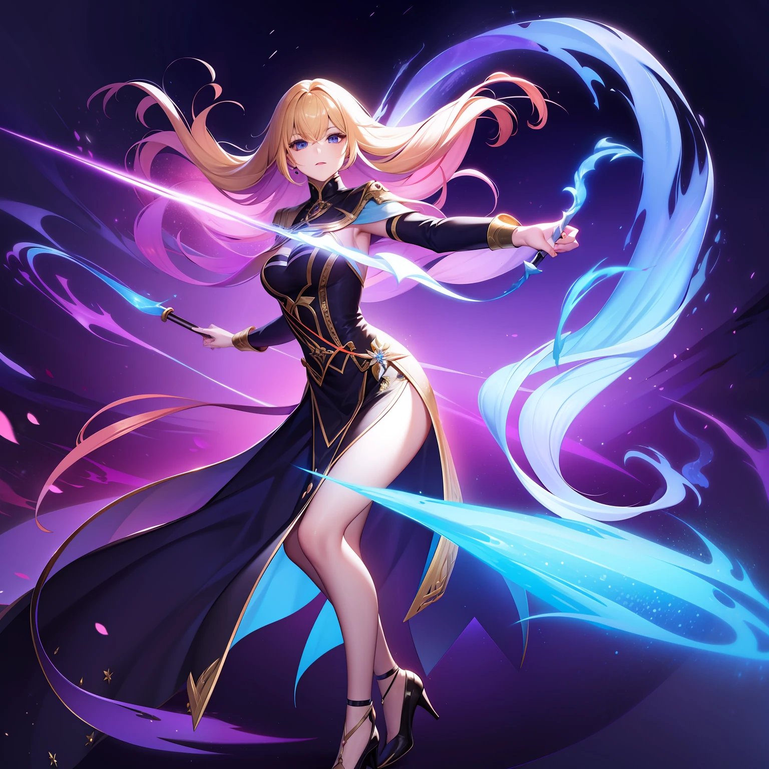 top-quality、1 female、gradation hair、a blond、Sorcerer、Fire magic、Gradient background、Iridescent background、Hold the cane in your right hand、Put your right hand forward、The left hand is a fist、Light converging in the right hand