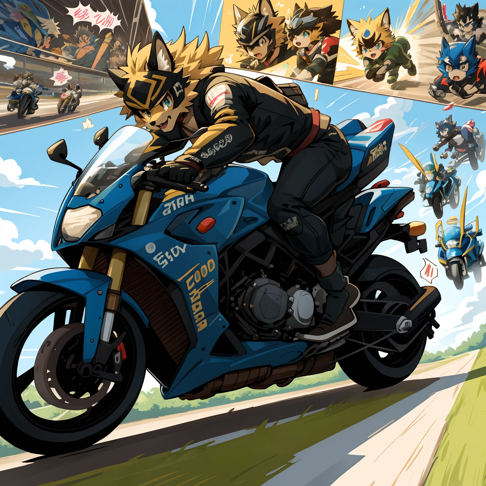 top quality, best quality, High-quality illustrations, masterpiece, super high resolution, detailed background, motorcycle, racing, 6+boys, 6+girls, absurdres(highly detailed beautiful face and eyes)perfect anatomy, expression, good lighting, cinematic shadow(kemono, furry anthro)assorted poses, dynamic angle,(battle manga, Bold cartoon-like panel layouts, speech balloon, Hand-drawn sound effects stickers used in manga),