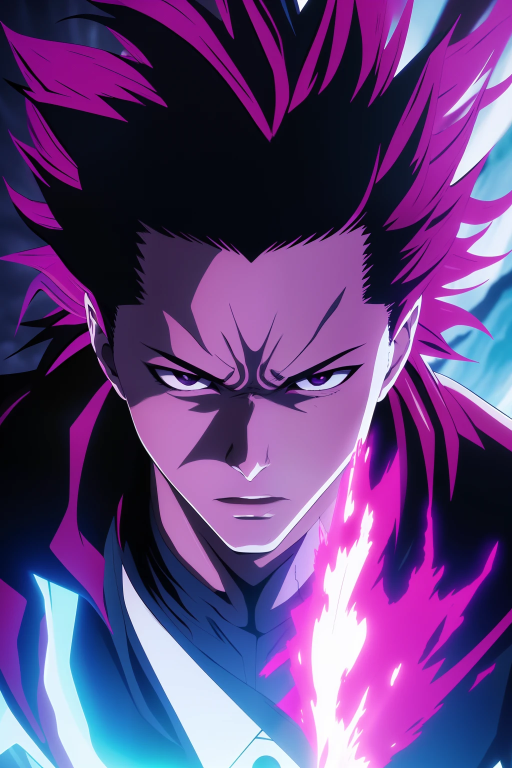 um close up de um personagem de anime homem roxo e preto com um fundo roxo, emitindo aura roxa maligna, badass anime 8 k, Tetsuo futurista, Anime Wallaper, an epic anime of a energy man, anime epic artwork, papel de parede anime 4k, 4 k manga wallpaper, hd anime wallaper, Tetsuo, Akira, aura roxa, postura de luta, fogo, sorriso mal, psicopata, psychotic, maligno, cabelo longo, anime desenho, energia, raios