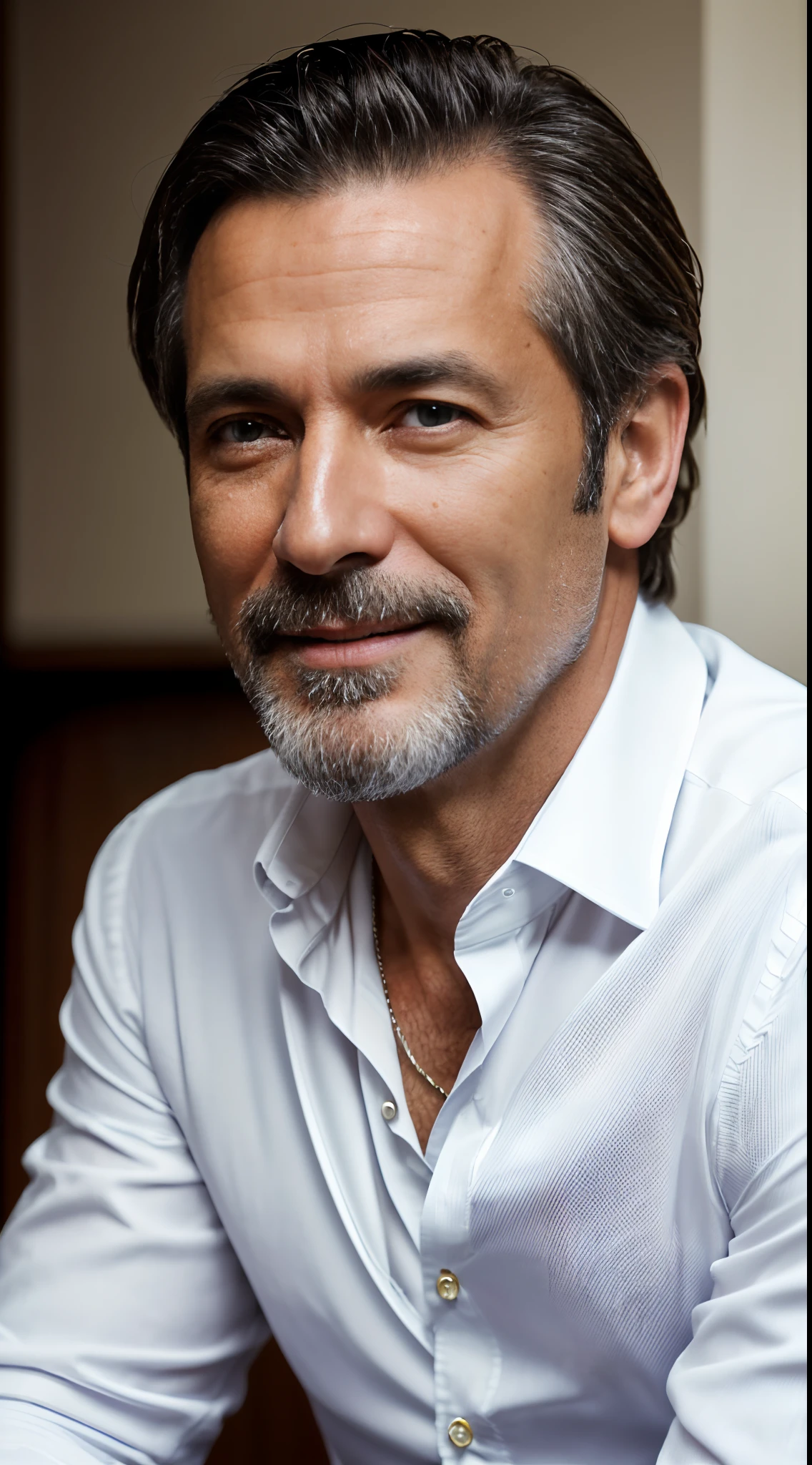 (8K UHD、RAW Photography、Photorealsitic:1.5、Digital SLR、Lifelike images)、(Portrait of 45-year-old American man with dandy brown hair、Banker、Turn your gaze to the camera、Gentle smile)、(Very delicate skin、Skin details)、(Wearing a white shirt and black suit)、(frontage、upper body closeup)、(Seminar Venue、Speakers、presentation)